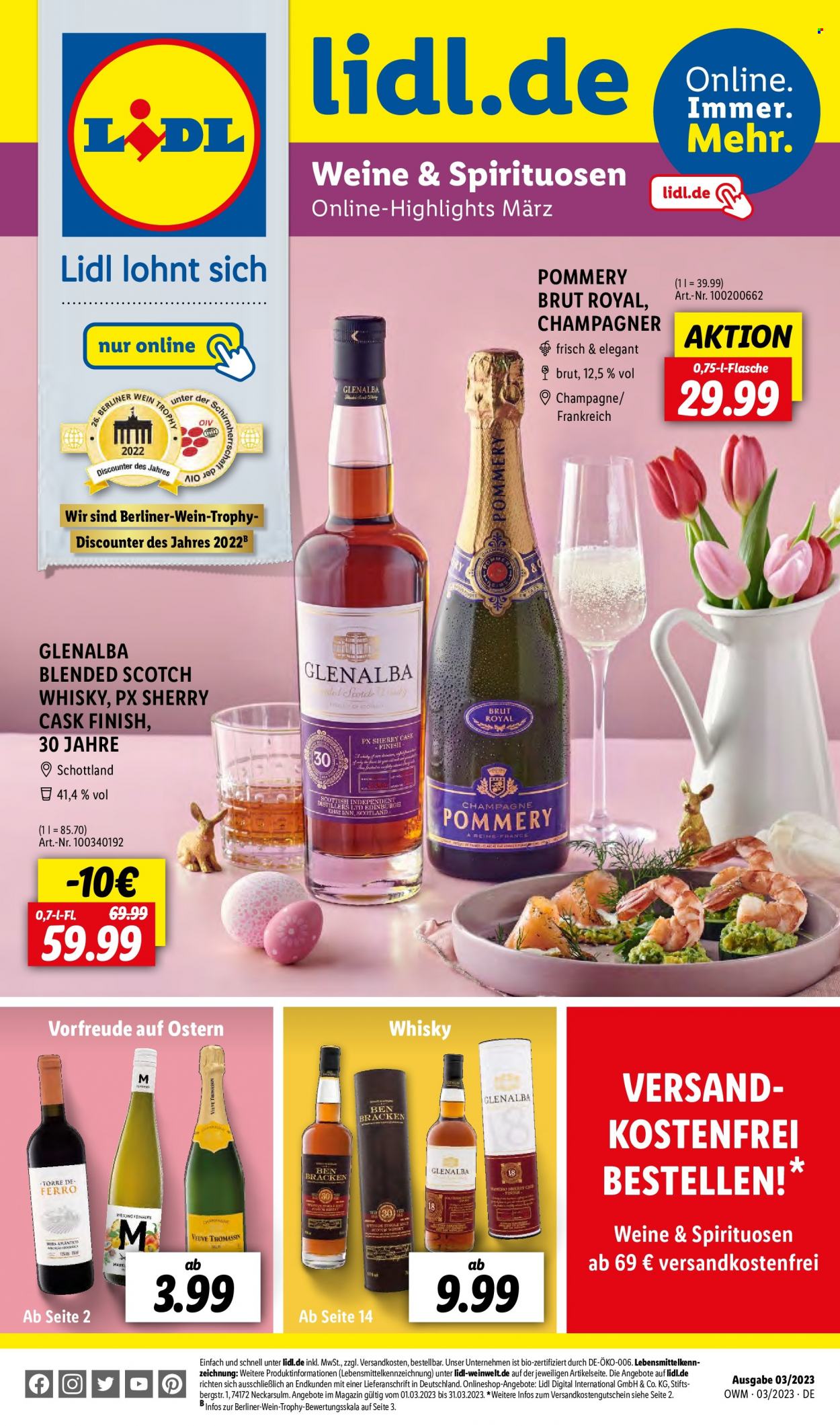 thumbnail - Prospekte Lidl - 1.03.2023 - 31.03.2023 - Produkte in Aktion - Alkohol, Berliner, Wein, Champagne, Schaumwein, Blended Scotch Whisky, Scotch Whisky, Whisky, Sherry, Finish, Schirm. Seite 1.