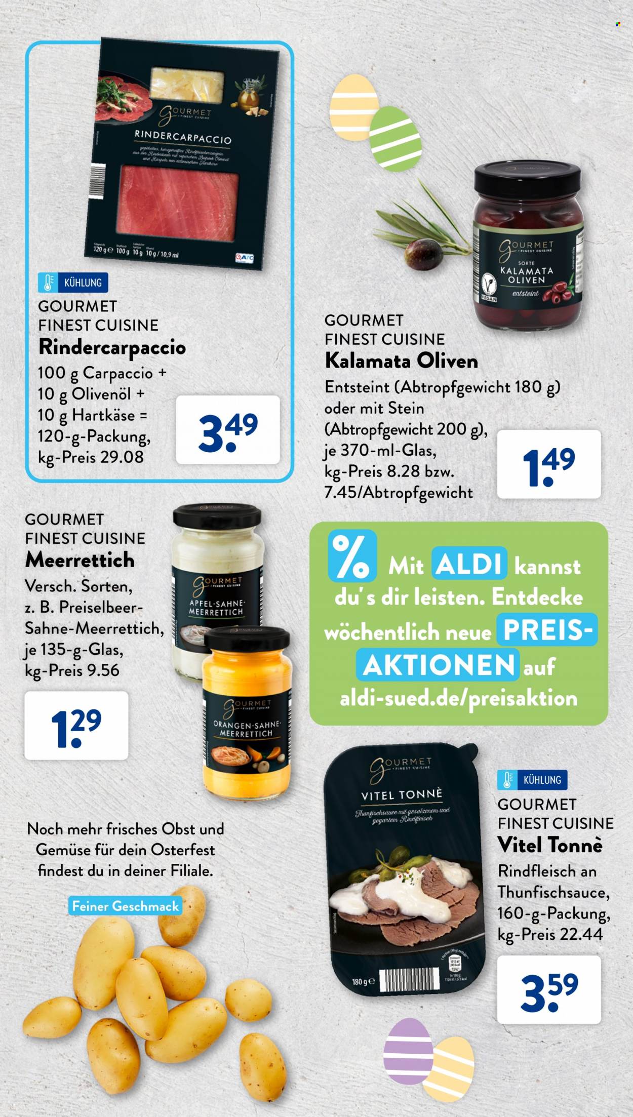 thumbnail - Prospekte ALDI SÜD - 1.03.2023 - 8.04.2023 - Produkte in Aktion - Meerrettich, Rindfleisch, Carpaccio, Käse, Hartkäse, Oliven, Olivenöl, Öl. Seite 23.