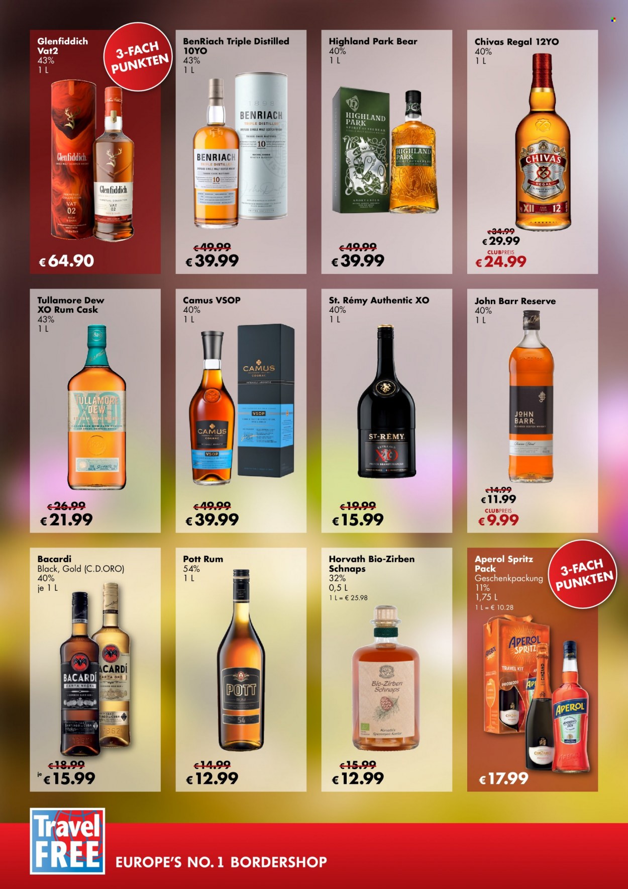 thumbnail - Prospekte Travel FREE - 10.03.2023 - 23.03.2023 - Produkte in Aktion - Alkohol, Cinzano, Prosecco, Schaumwein, Blended Scotch Whisky, Whiskey, Single Malt, Scotch Whisky, Cognac, Irish Whiskey, Bacardi, Rum, BenRiach, John Barr, Tullamore Dew, Camus, Chivas Regal, Brandy, Whisky, Aperol Spritz, Finish, Barbie. Seite 2.
