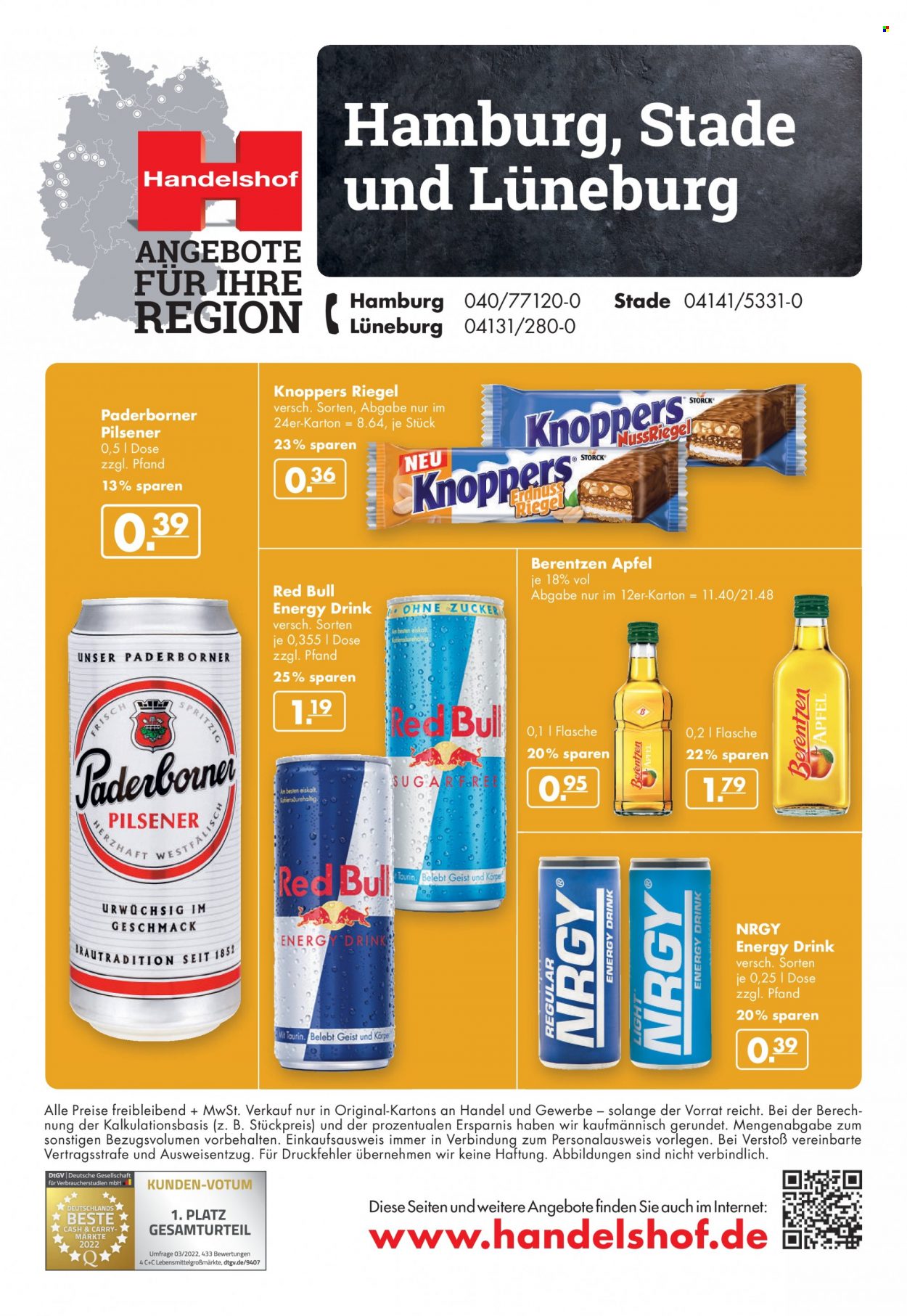 thumbnail - Prospekte Handelshof - 23.03.2023 - 5.04.2023 - Produkte in Aktion - Pils, Bier, Alkohol, Äpfel, Knoppers, Riegel, Red Bull, Energiegetränk, Berentzen. Seite 8.