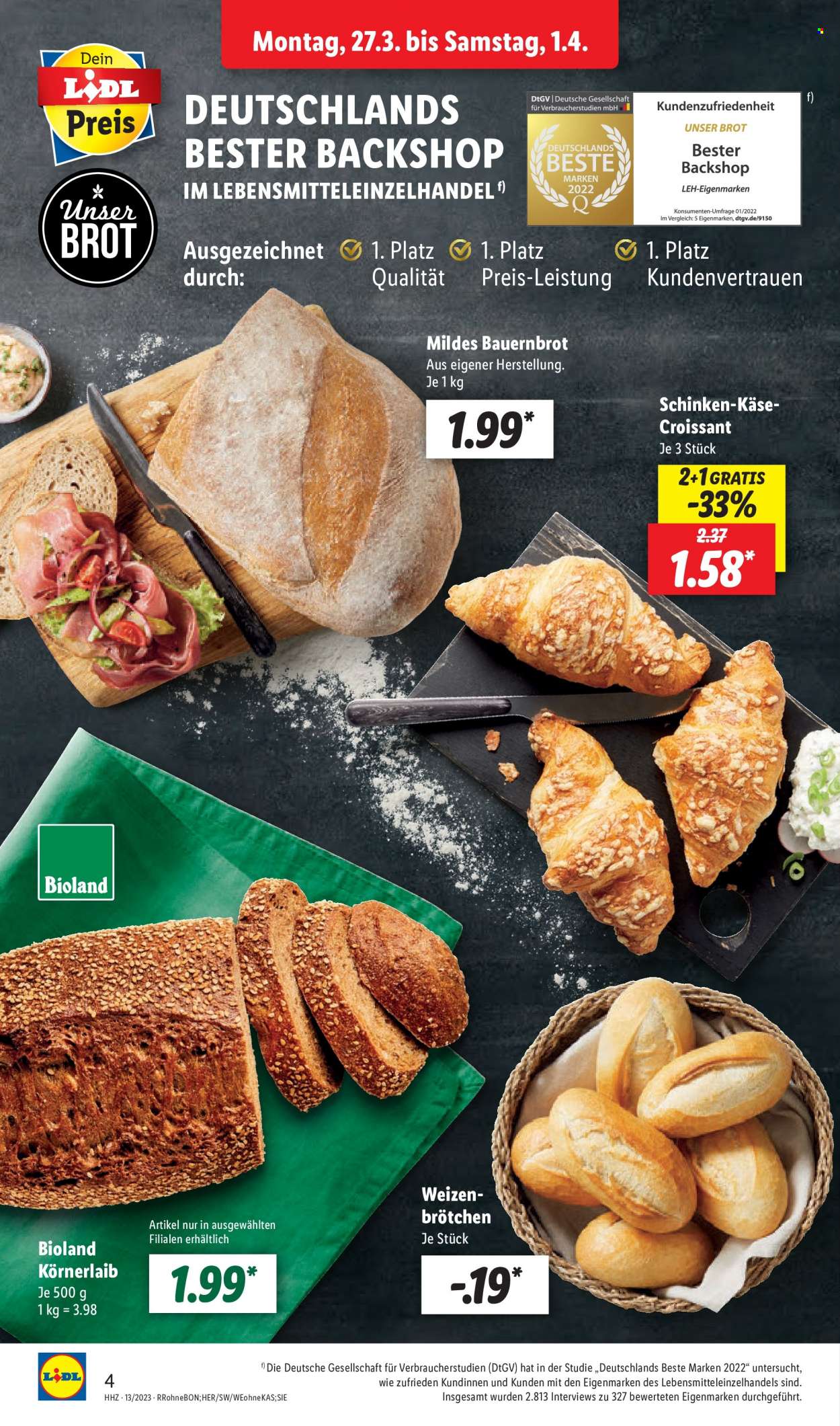 thumbnail - Prospekte Lidl - 27.03.2023 - 1.04.2023 - Produkte in Aktion - Brot, Brötchen, Weizenbrötchen, Bauernbrot, Croissant, salzig Gebäck. Seite 4.