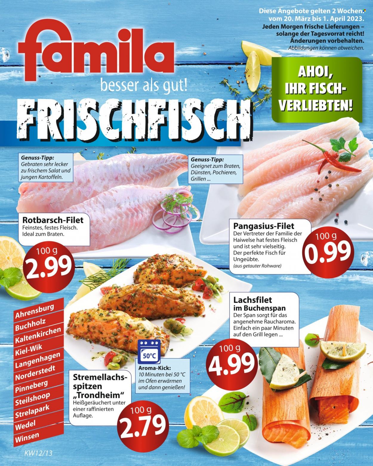 thumbnail - Prospekte famila - 20.03.2023 - 1.04.2023 - Produkte in Aktion - Salat, Kartoffeln, Lachs, Lachsfilet, Rotbarsch, Pangasius, Stremellachs, Sitzauflage. Seite 1.