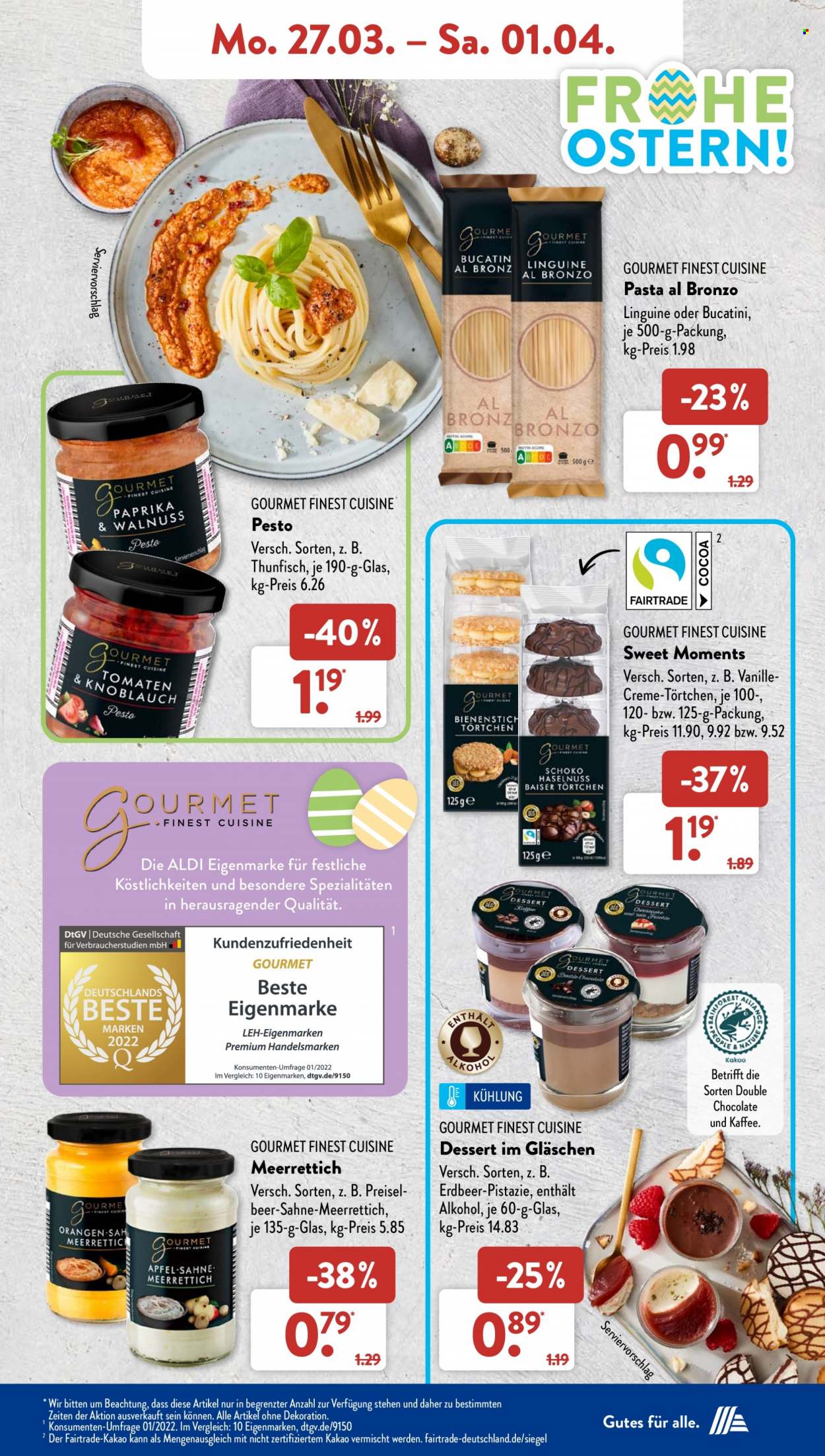 thumbnail - Prospekte ALDI SÜD - 27.03.2023 - 1.04.2023 - Produkte in Aktion - Pesto, Meerrettich, Törtchen, Desserts, Kühlung Dessert. Seite 9.