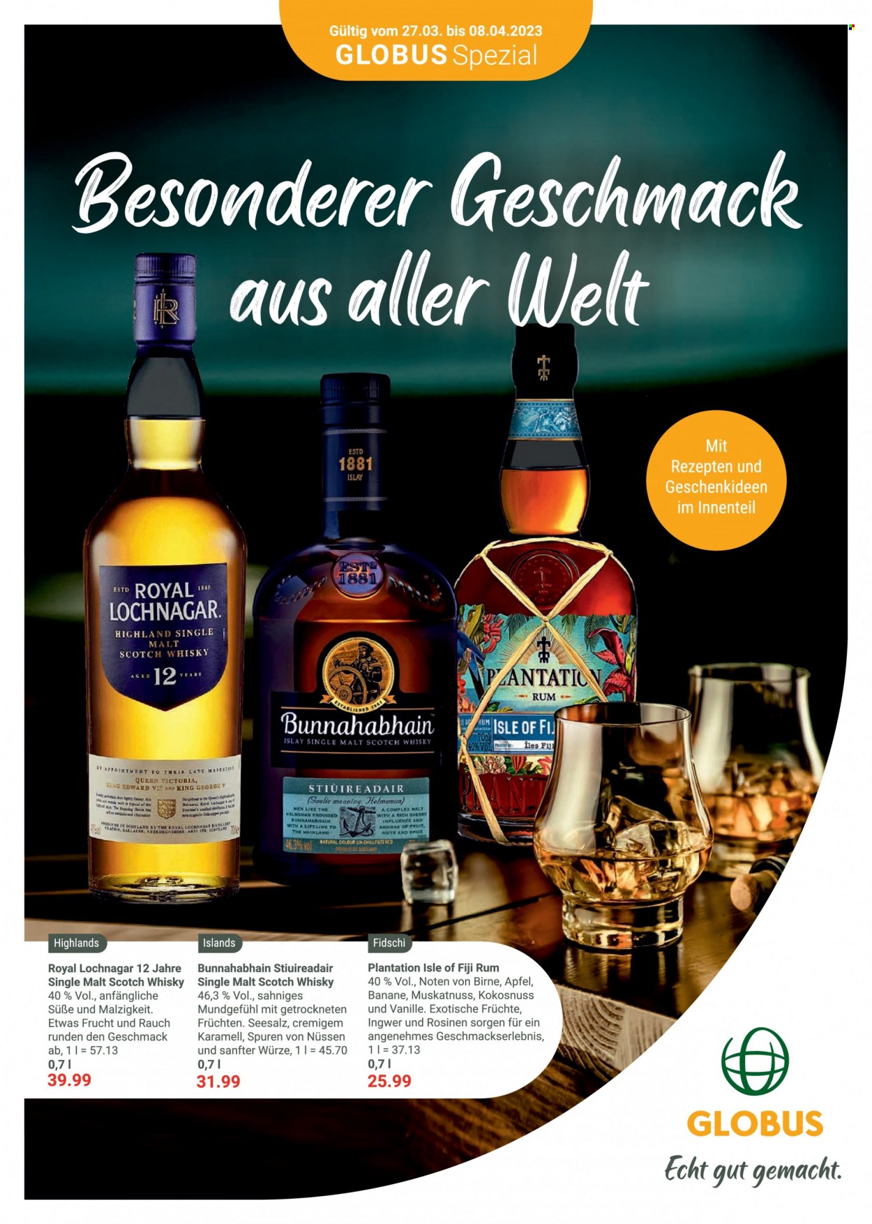 thumbnail - Prospekte Globus - 27.03.2023 - 8.04.2023 - Produkte in Aktion - Alkohol, Äpfel, Karamell, Muskatnuss, Rauch, Single Malt, Scotch Whisky, Rum, Whisky, Sherry. Seite 1.