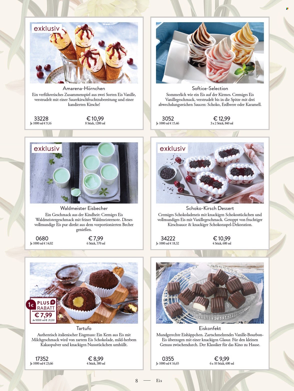 thumbnail - Prospekte eismann - 10.04.2023 - 20.05.2023 - Produkte in Aktion - Italienisches Dessert, Tartufo, Erdbeeren, Eis, Eisbecher, Schokolade, Eisschokolade, Kakao, Soße, Fruchtsaft, Kirsch. Seite 8.
