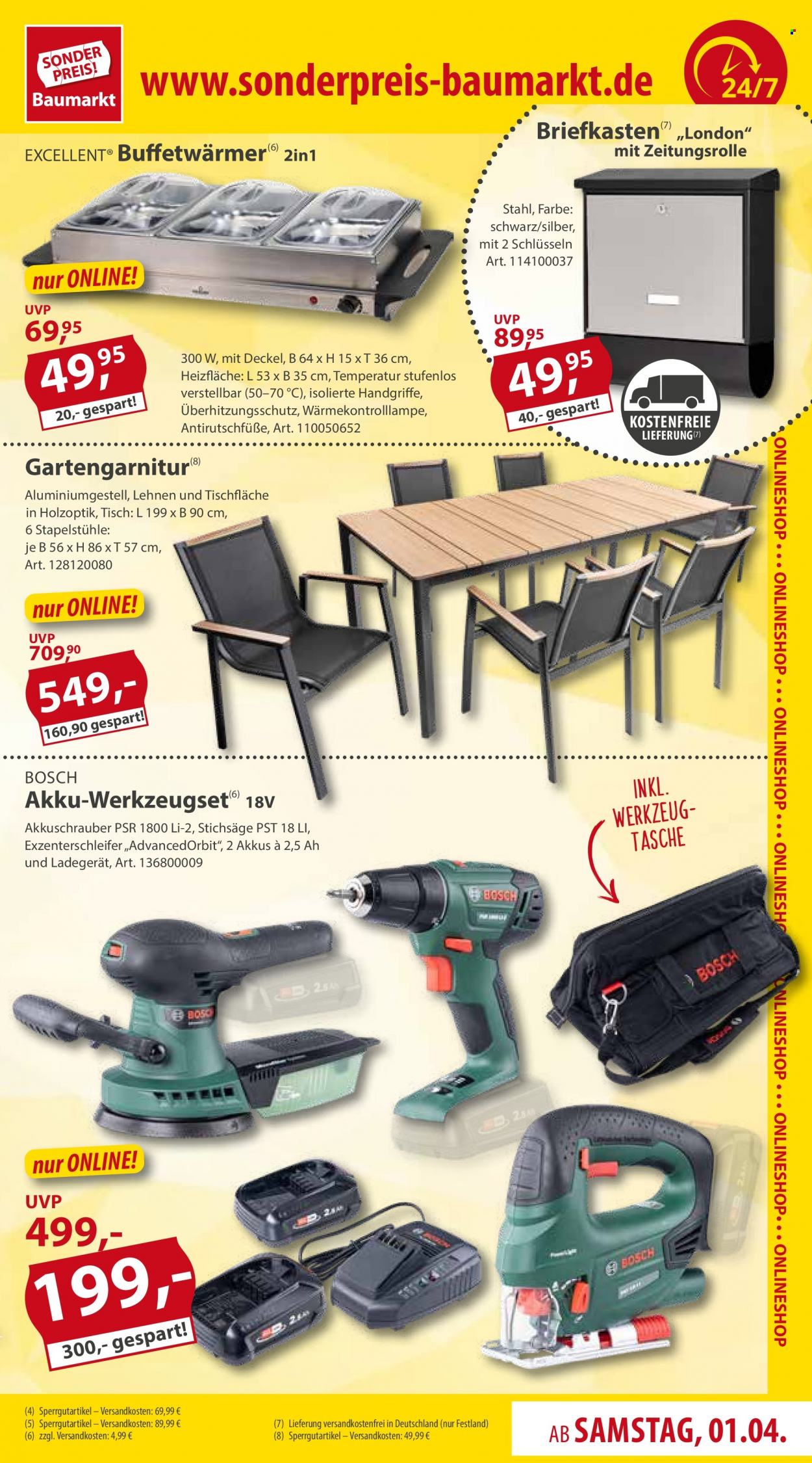 thumbnail - Prospekte Sonderpreis-Baumarkt - 1.04.2023 - 7.04.2023 - Produkte in Aktion - Bosch, Briefkasten, Batterieladegerät, Tisch, Akku-Schrauber, Stichsäge. Seite 19.