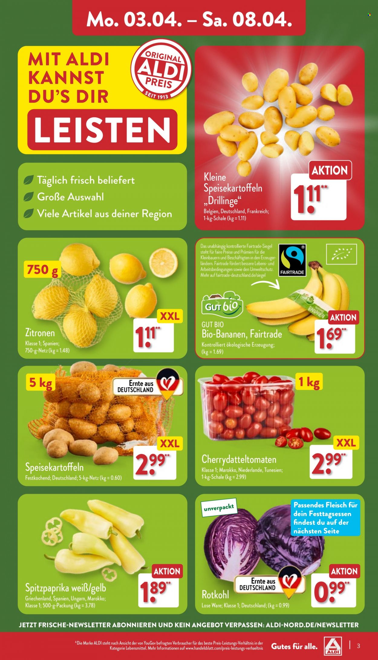 thumbnail - Prospekte ALDI Nord - 3.04.2023 - 8.04.2023 - Produkte in Aktion - Kartoffeln, Speisekartoffeln, Bananen, Bio-Bananen, Gut Bio, Tomaten, Paprika, Spitzpaprika, Rotkohl, Zitronen. Seite 3.