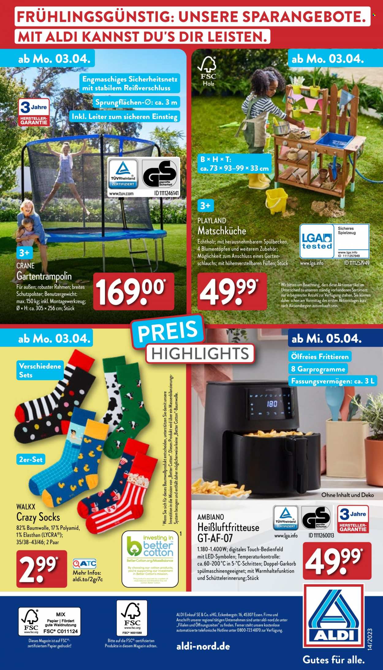 thumbnail - Prospekte ALDI Nord - 3.04.2023 - 8.04.2023 - Produkte in Aktion - Trampolin, Spielküche, Spielzeug, Heißluftfritteuse, Socken. Seite 39.