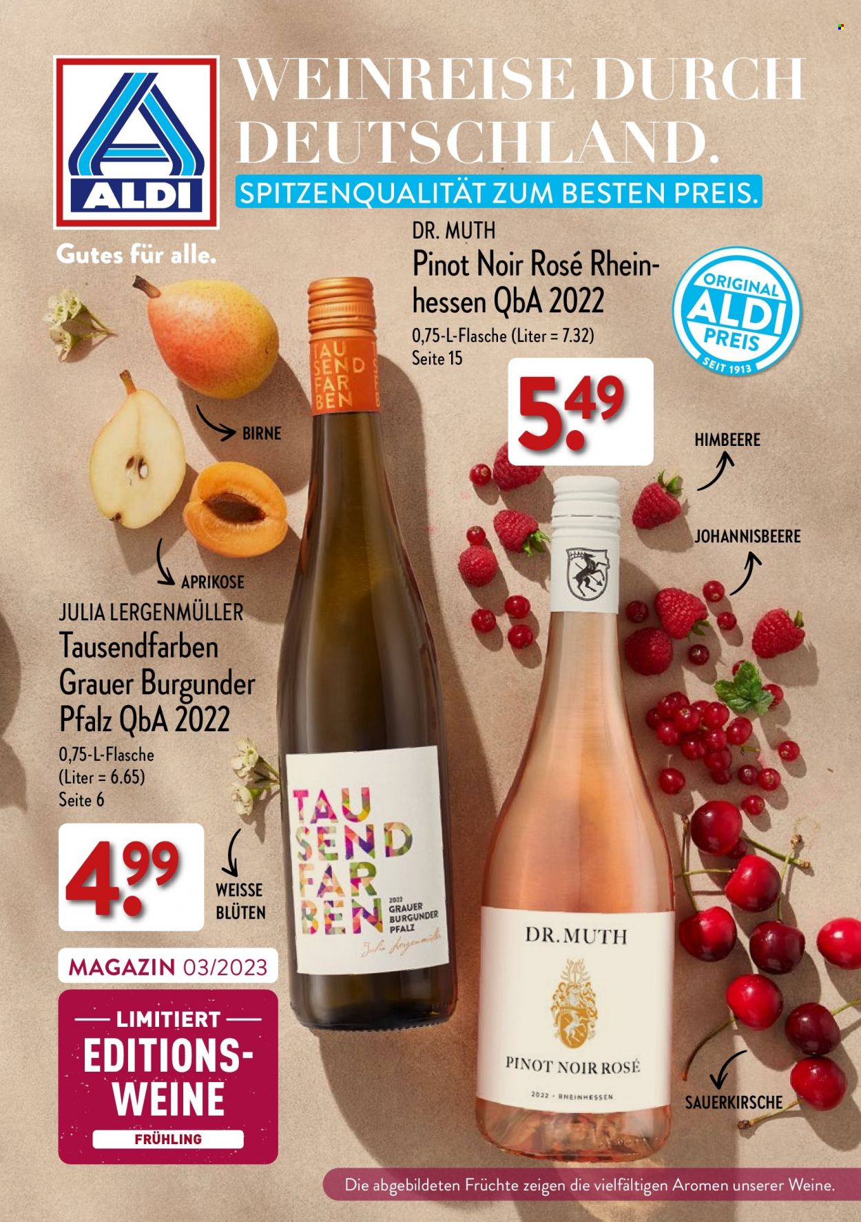 thumbnail - Prospekte ALDI Nord - Produkte in Aktion - Birnen, Himbeeren, Wein, Pinot Noir, Grauburgunder, Roséwein. Seite 1.