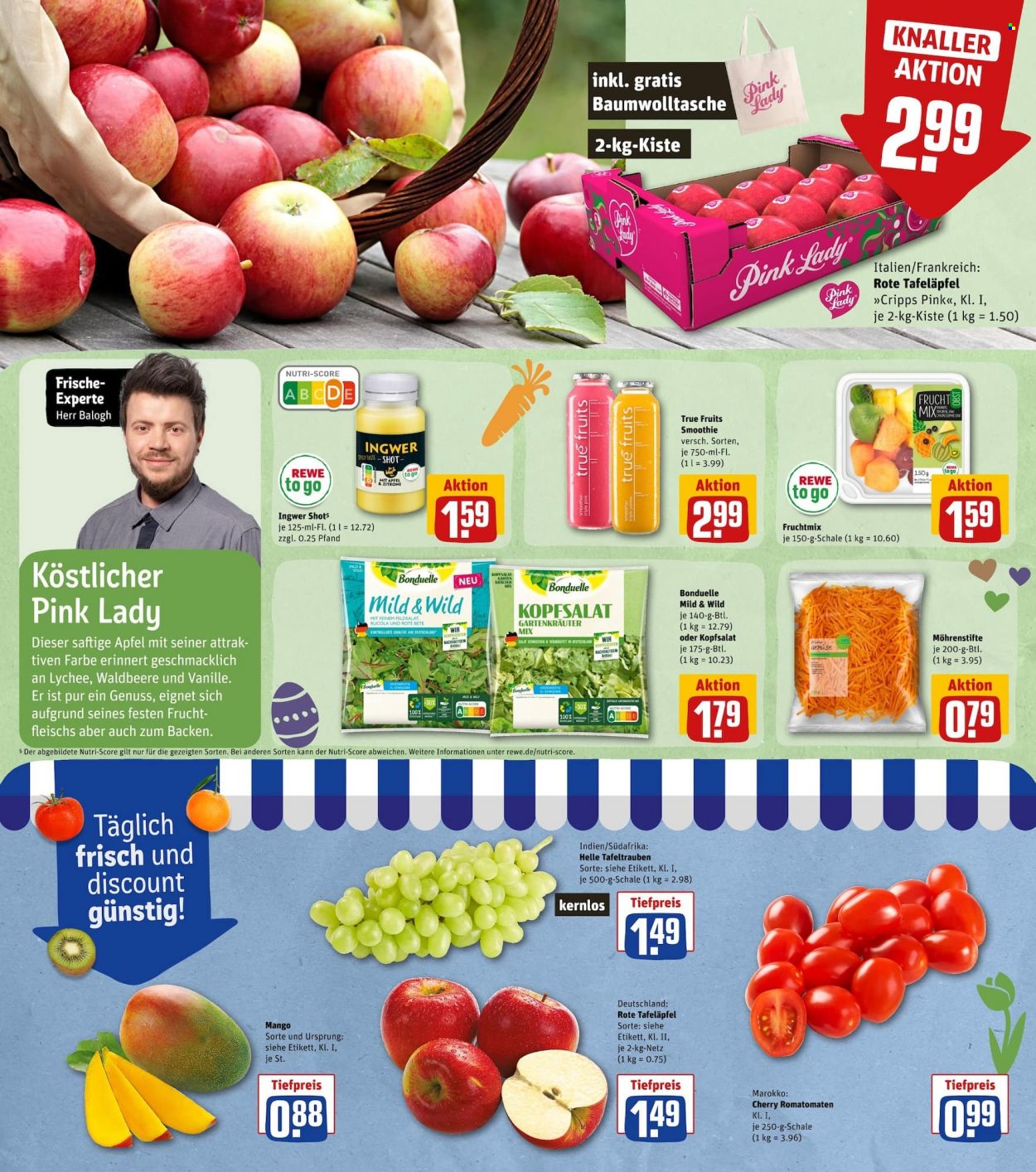 thumbnail - Prospekte REWE - 27.03.2023 - 1.04.2023 - Produkte in Aktion - Romatomaten, Salat, Ingwer, Kopfsalat, Bonduelle, Trauben, Äpfel, Mango, Pink Lady, Smoothie, True Fruits. Seite 6.