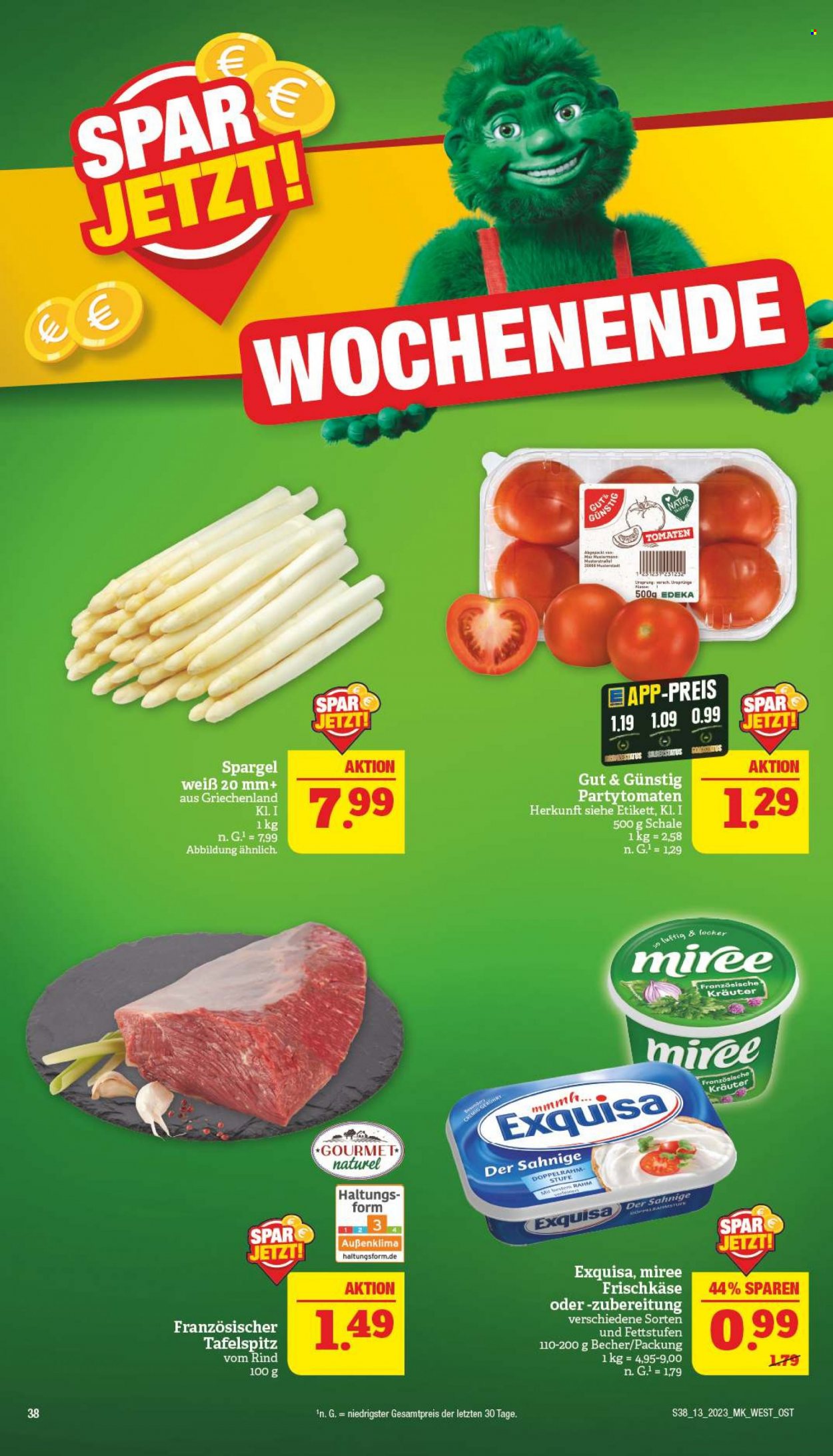 thumbnail - Prospekte Marktkauf - 27.03.2023 - 1.04.2023 - Produkte in Aktion - Tomaten, Spargel, Rindfleisch, Tafelspitz, Gut & Günstig, Exquisa, Käse, Frischkäse. Seite 38.