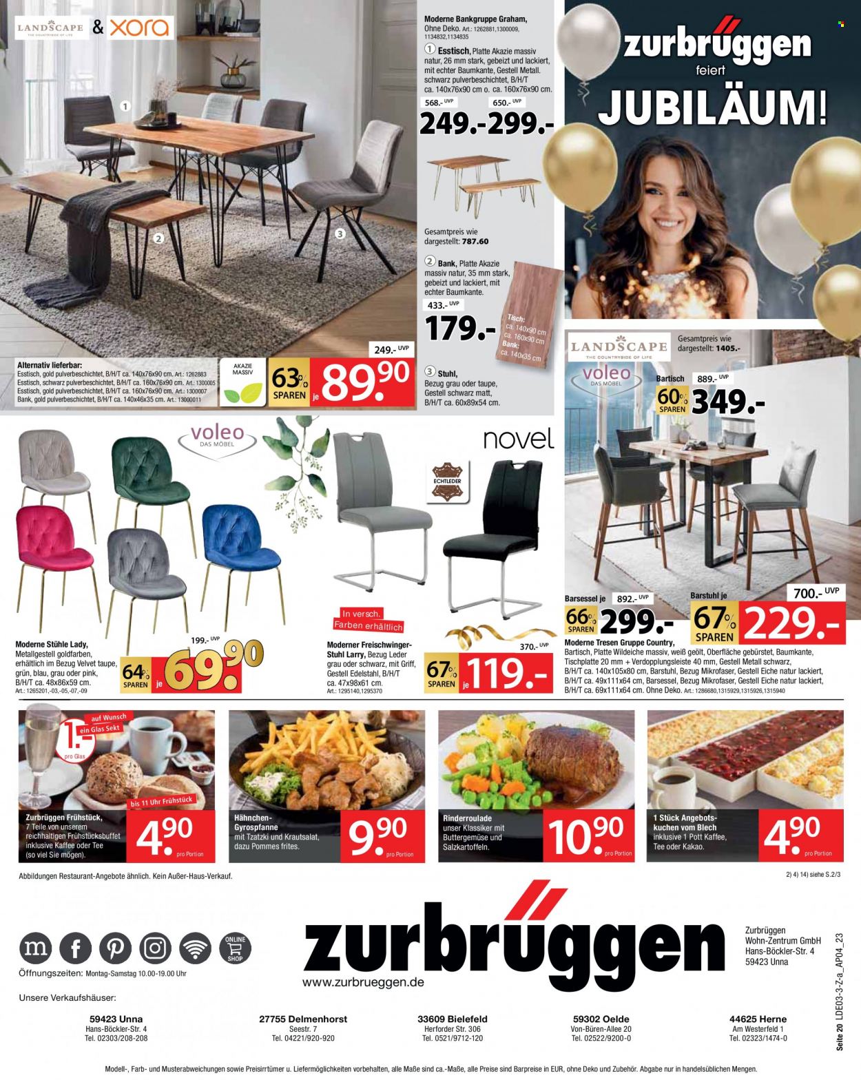 thumbnail - Prospekte Zurbrüggen - 28.03.2023 - 16.05.2023 - Produkte in Aktion - Tisch, Stuhl, Bartisch, Esstisch, Barhocker, Bank. Seite 20.