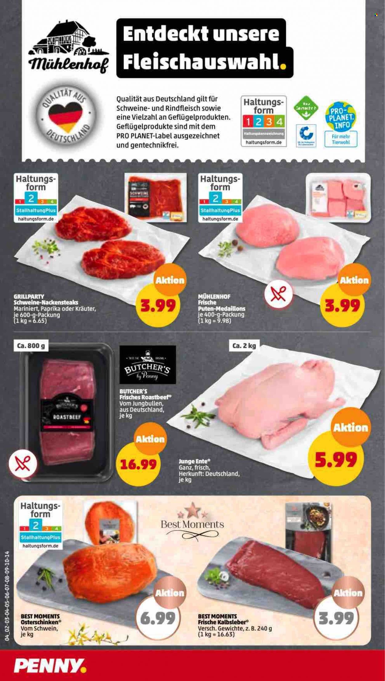 thumbnail - Prospekte Penny - 3.04.2023 - 8.04.2023 - Produkte in Aktion - Steak, Putenfleisch, mariniertes Fleisch, Entenfleisch, Rindfleisch, Roastbeef, Kalbfleisch, Kalbsleber, Nackensteak. Seite 4.