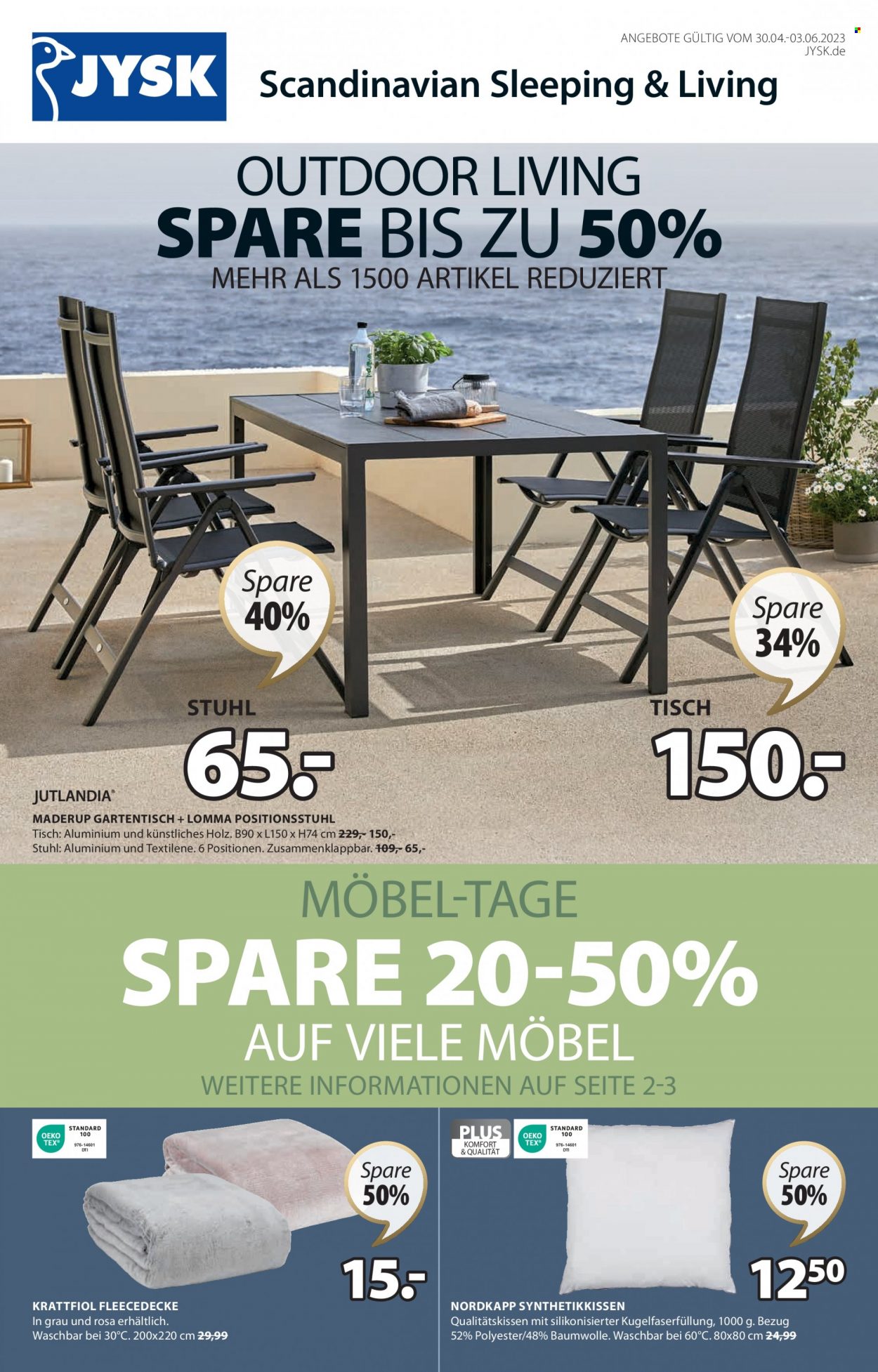 thumbnail - Prospekte JYSK - 30.04.2023 - 3.06.2023 - Produkte in Aktion - Tisch, Stuhl, Fleecedecke, Gartenmöbel, Gartentisch. Seite 1.