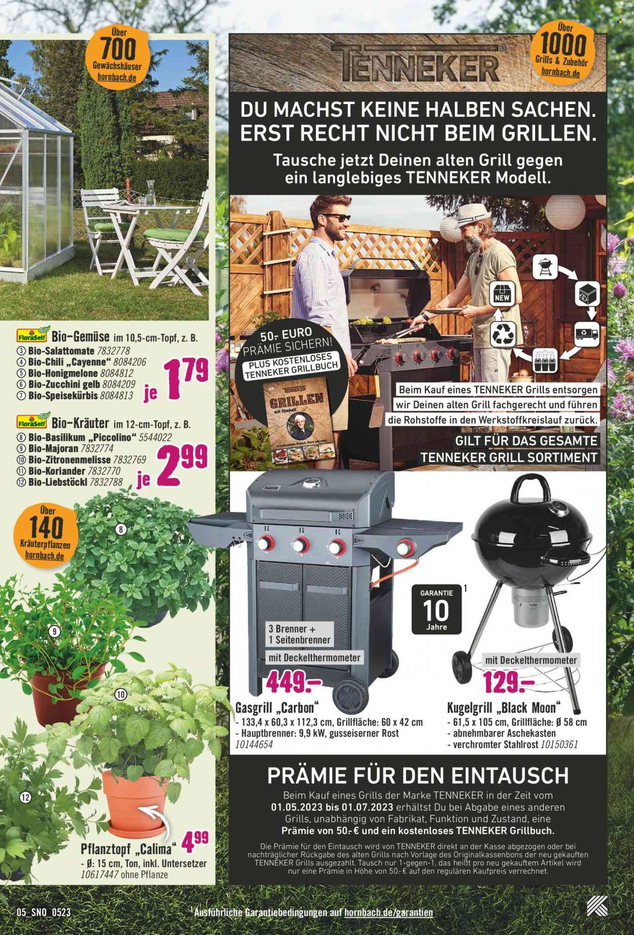 thumbnail - Prospekte Hornbach - 11.05.2023 - 7.06.2023 - Produkte in Aktion - Kürbis, Gewächshaus, Grill, Gasgrill, Basilikum, Pflanztopf. Seite 5.