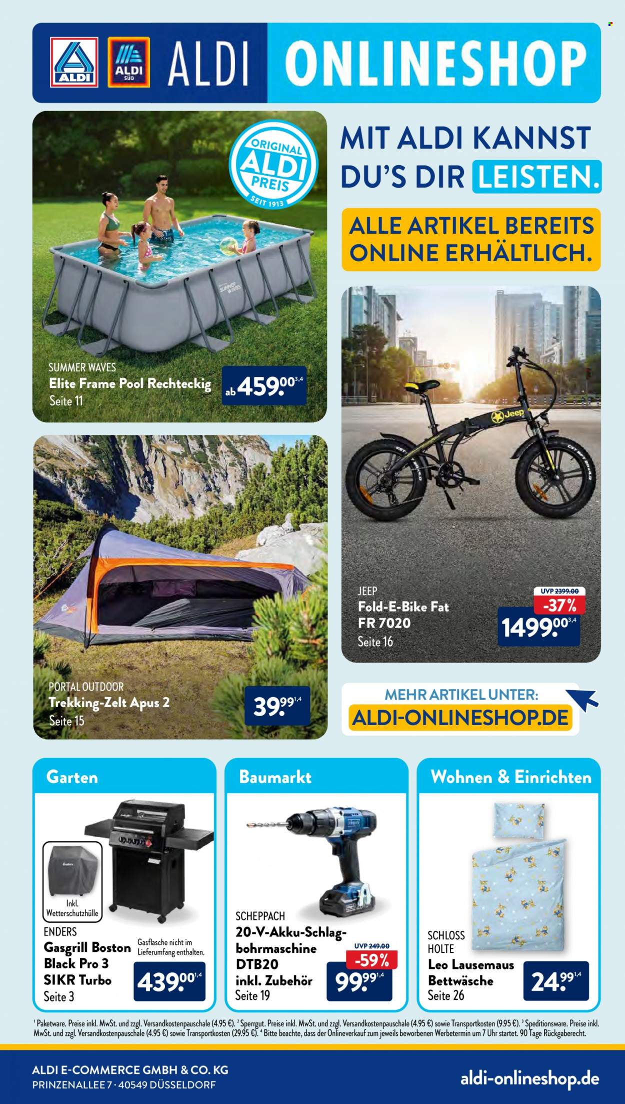 thumbnail - Prospekte ALDI Nord - Produkte in Aktion - Bettwäsche, E-Bike, Zelt, Schlagbohrmaschine, Akku-Schlagbohrmaschine, Scheppach, Gasgrill, Pool. Seite 1.