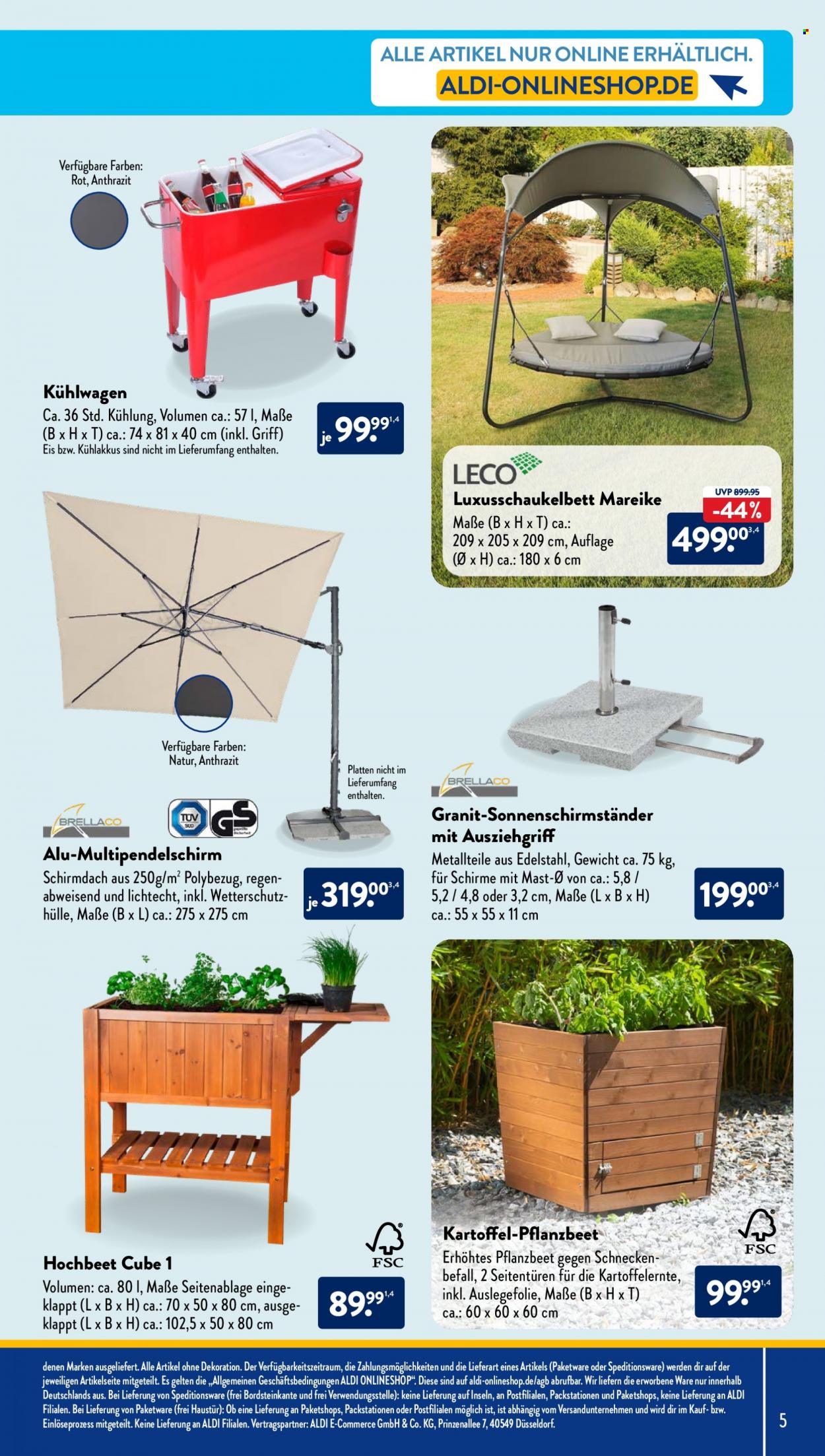 thumbnail - Prospekte ALDI SÜD - Produkte in Aktion - Kühlwagen, Gartenmöbel, Gartenschaukel, Dekoration, Hochbeet, Sonnenschirmhalter. Seite 5.
