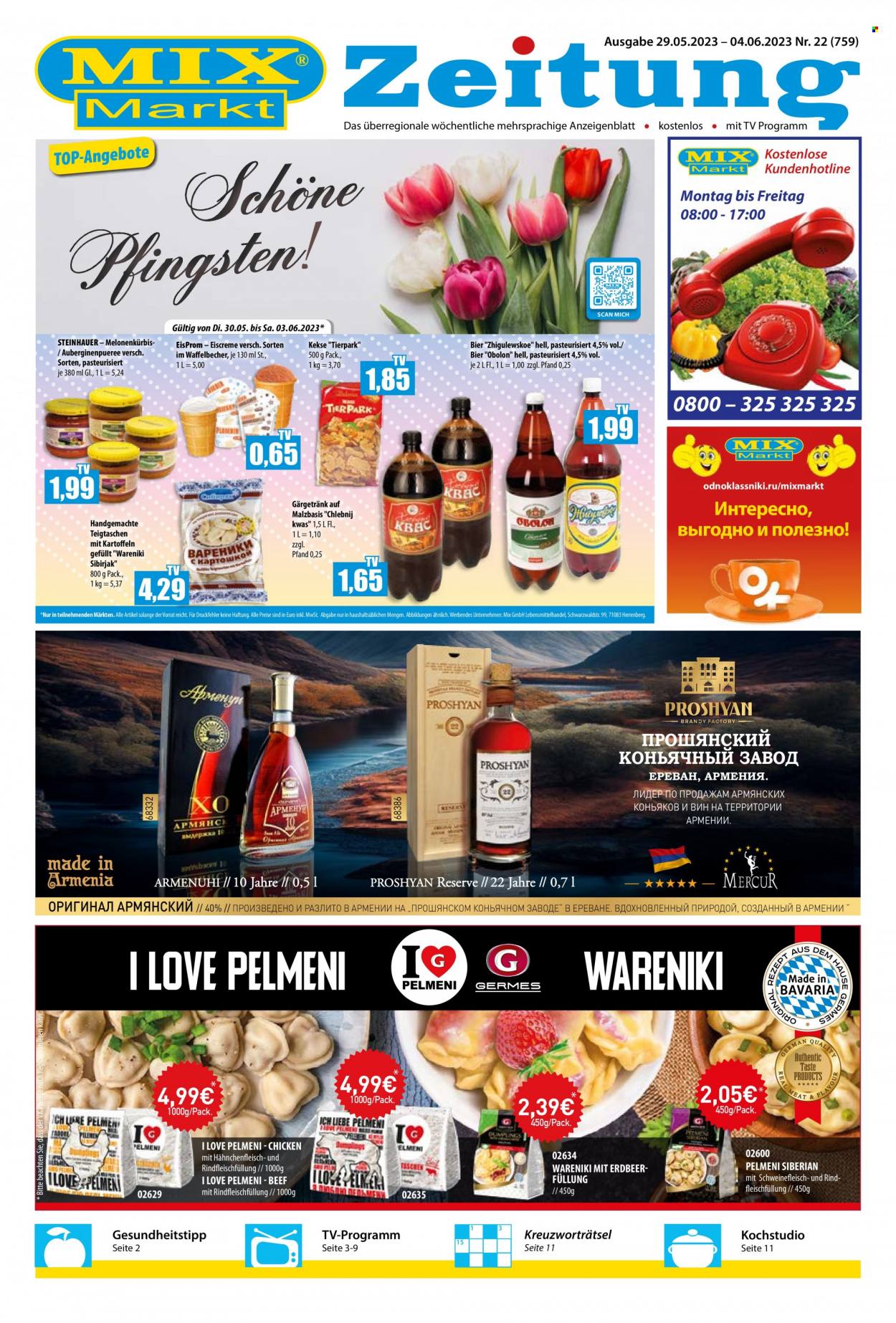 thumbnail - Prospekte Mix Markt - 29.05.2023 - 4.06.2023 - Produkte in Aktion - Hähnchenfleisch, Bier, Alkohol, gefüllte Taschen, Pelmeni, Eiscreme, Eis. Seite 1.