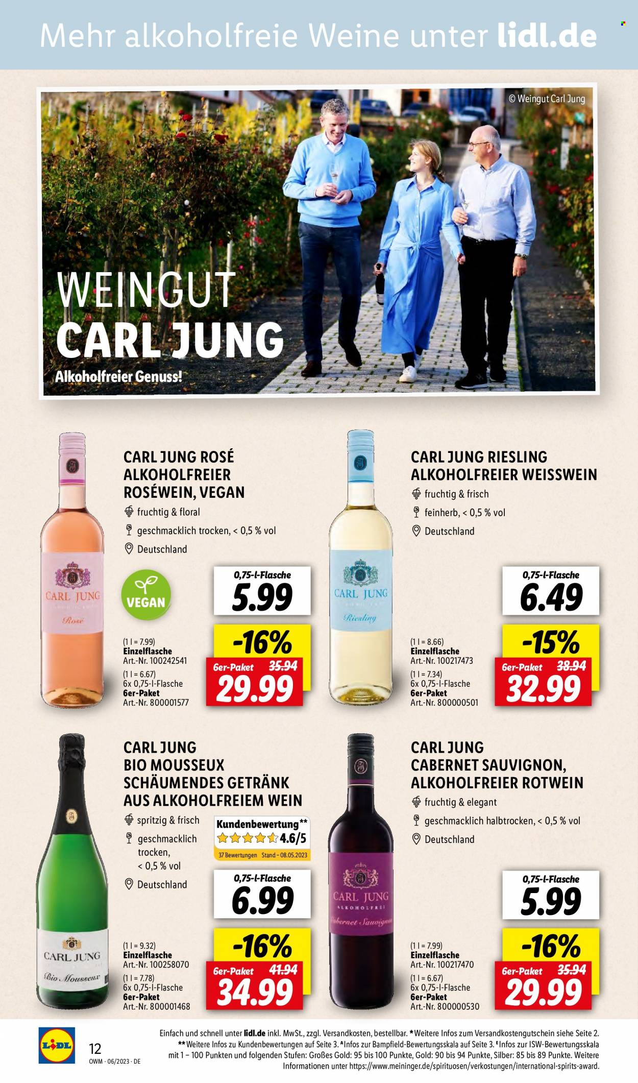 thumbnail - Prospekte Lidl - 1.06.2023 - 30.06.2023 - Produkte in Aktion - Alkohol, Getränk, Wein, Cabernet Sauvignon, Riesling, Rotwein, Weißwein, Roséwein. Seite 12.