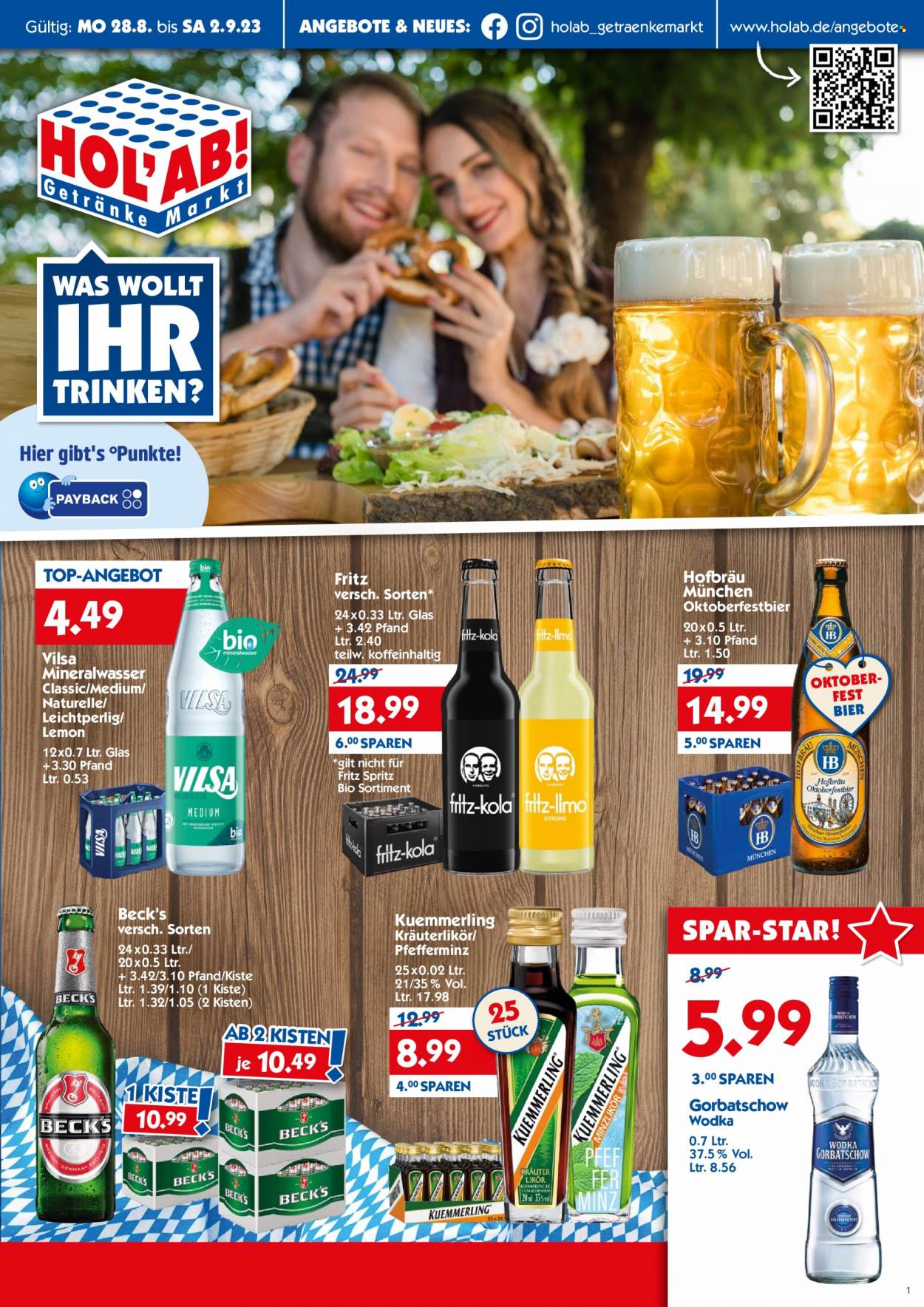 Hol'ab! Getränkemarkt Prospekte  - 28.08.2023 - 2.09.2023. Seite 1