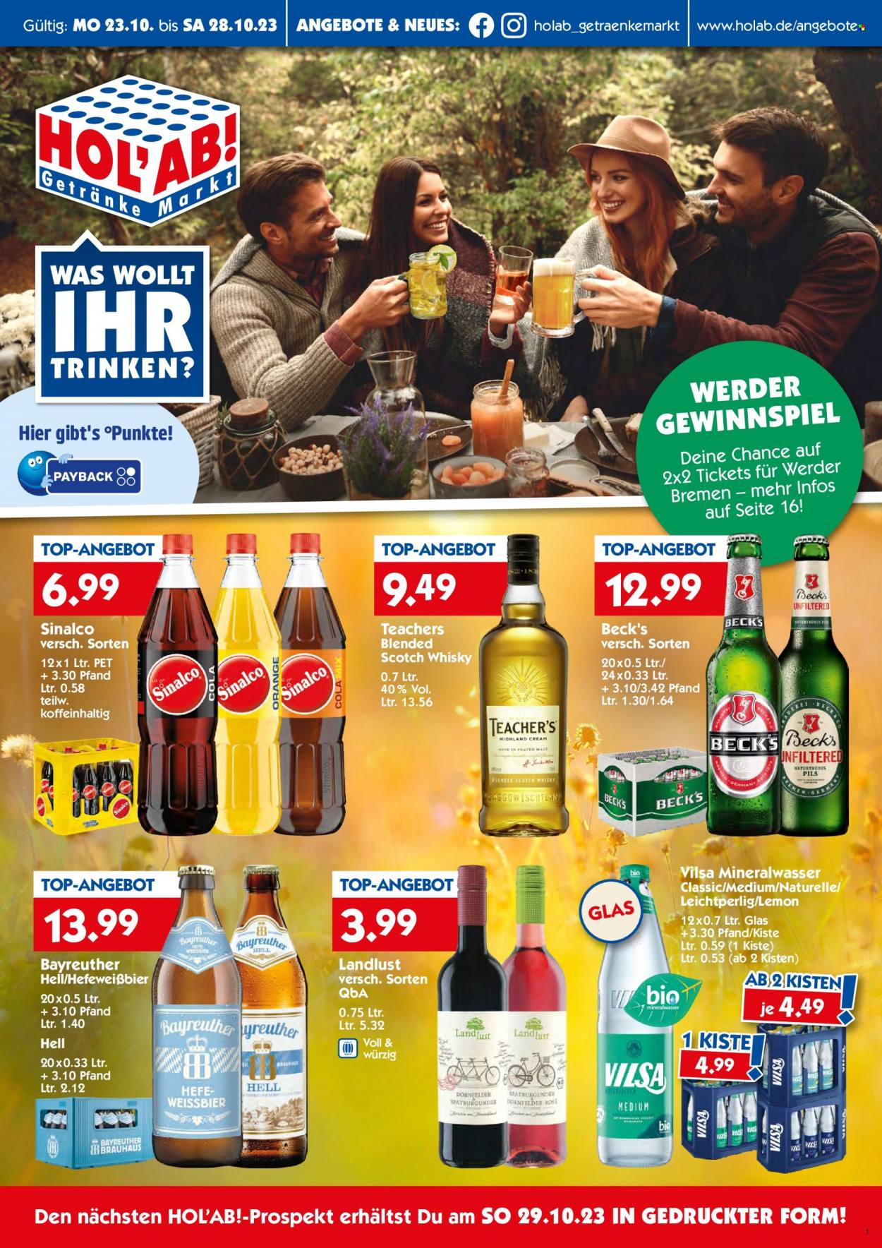 Hol'ab! Getränkemarkt Prospekte  - 23.10.2023 - 28.10.2023. Seite 1