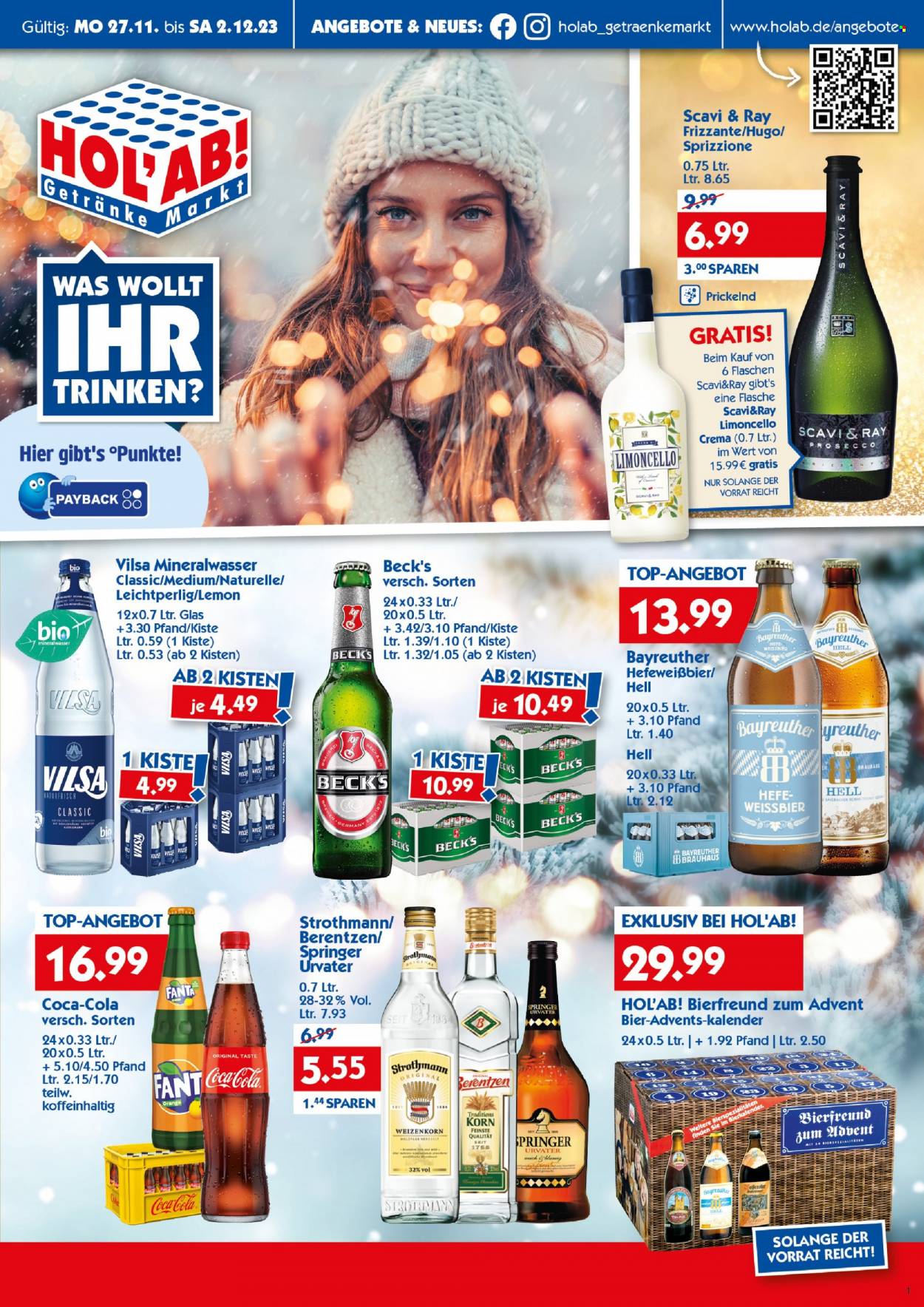 Hol'ab! Getränkemarkt Prospekte  - 27.11.2023 - 2.12.2023. Seite 1