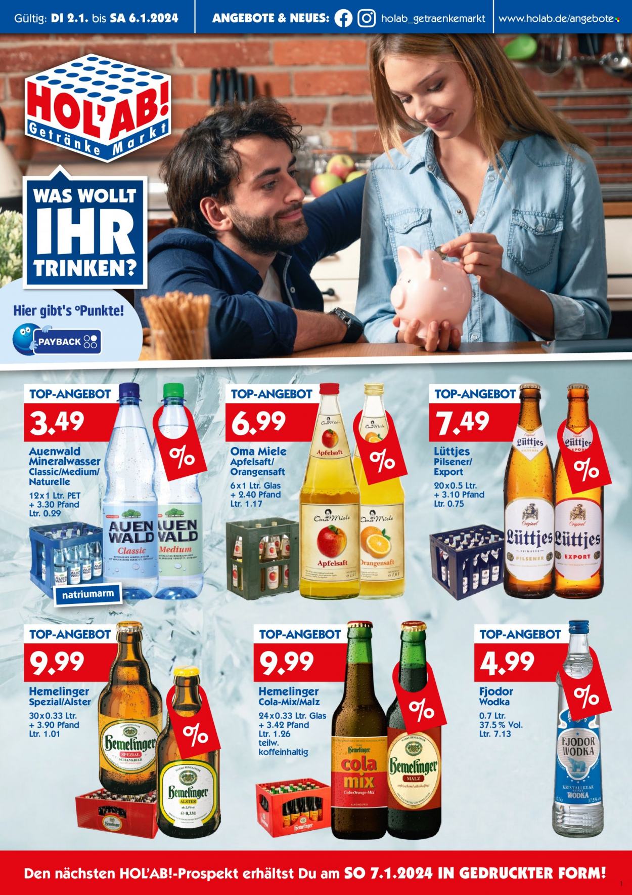 Hol'ab! Getränkemarkt Prospekte  - 2.01.2024 - 6.01.2024. Seite 1