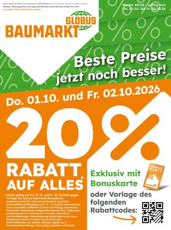 Prospekte Globus Baumarkt - 1.10.2026 - 2.10.2026.