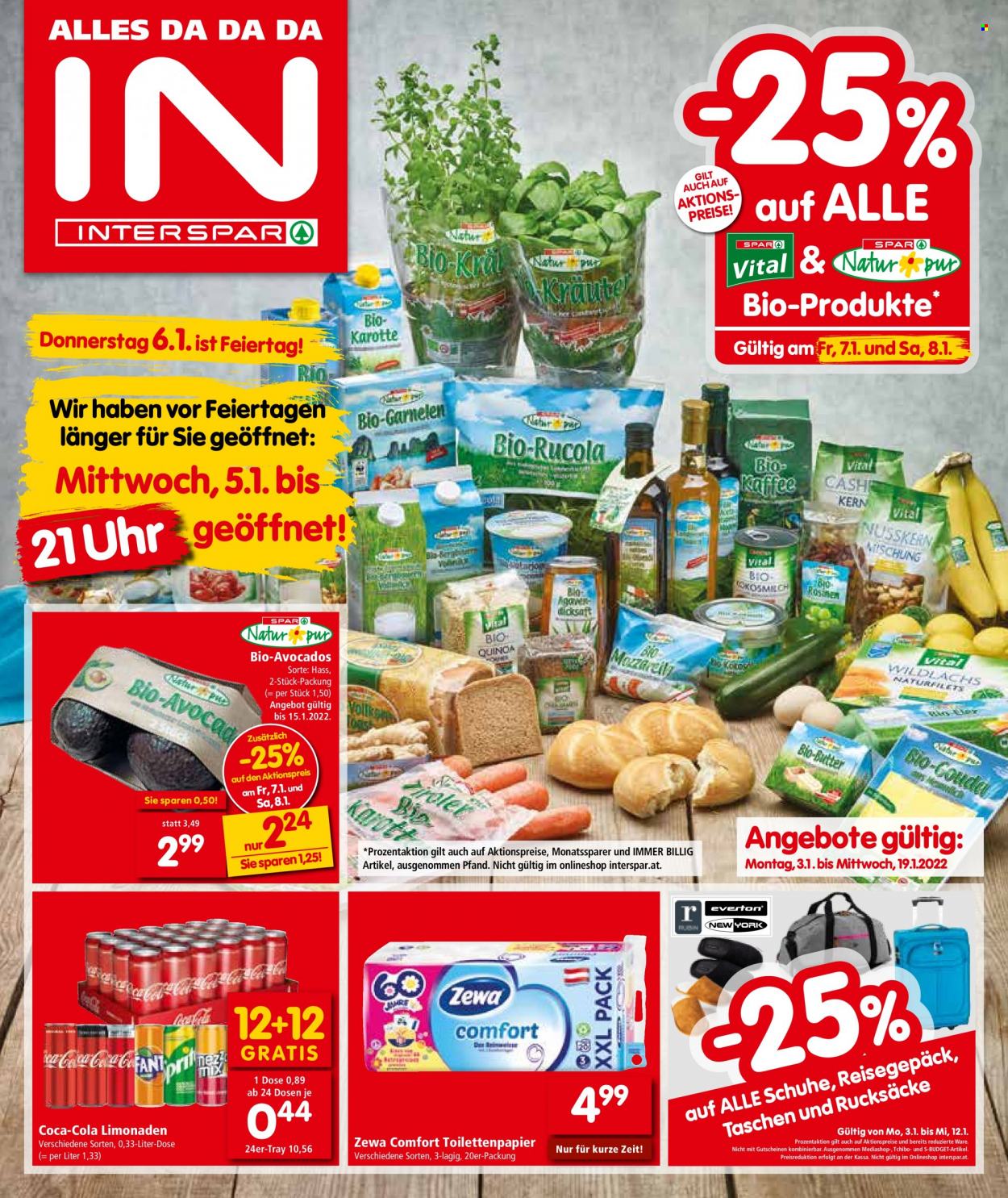 Angebote INTERSPAR - 3.1.2022 - 19.1.2022 - Verkaufsprodukte - Tchibo, S-BUDGET, Avocado, Coca-Cola, Limonade, Toilettenpapier, Zewa. Seite 1.