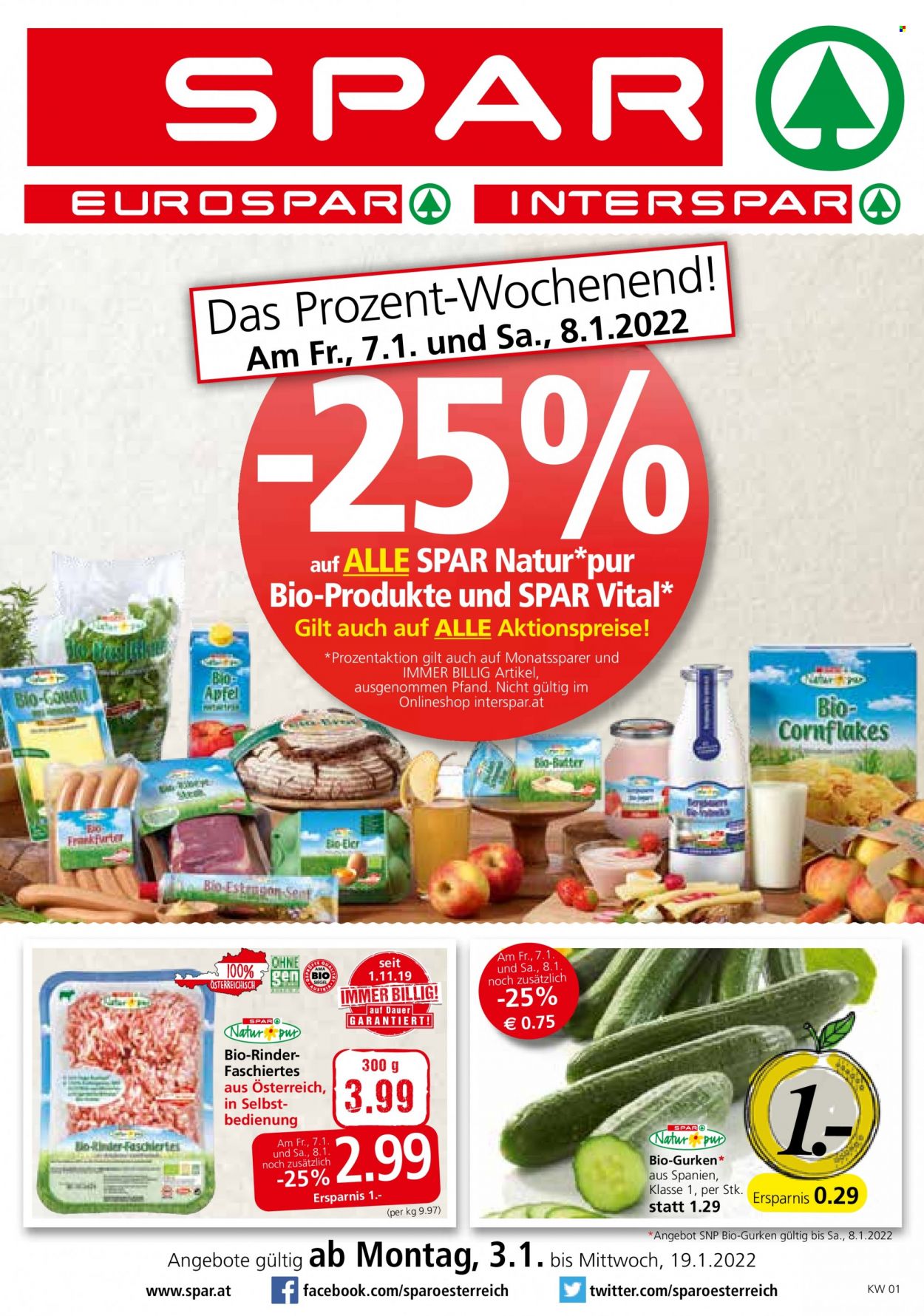 Angebote SPAR - 3.1.2022 - 19.1.2022 - Verkaufsprodukte - Salatgurke, Gurken, Frankfurter, Eier, Butter, Bio-Butter, Senf. Seite 1.