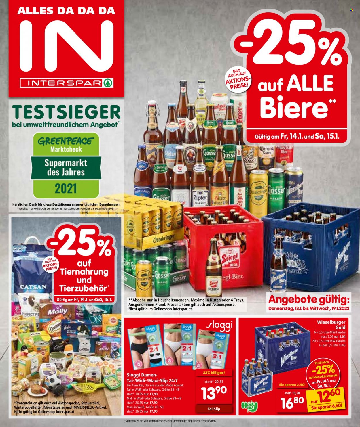 Angebote INTERSPAR - 13.1.2022 - 19.1.2022 - Verkaufsprodukte - Bier, Wieselburger, Slip, Wieselburger Gold. Seite 1.