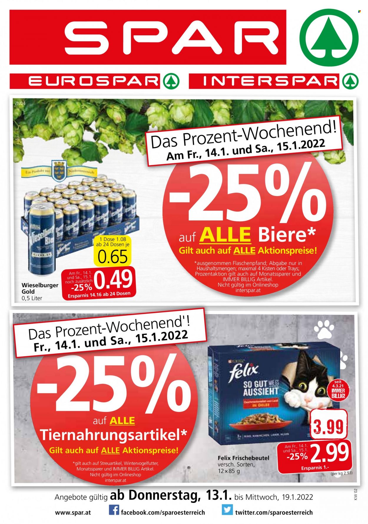 Angebote SPAR - 13.1.2022 - 19.1.2022 - Verkaufsprodukte - Felix, Bier, Wieselburger, Katzenfutter, Wieselburger Gold. Seite 1.