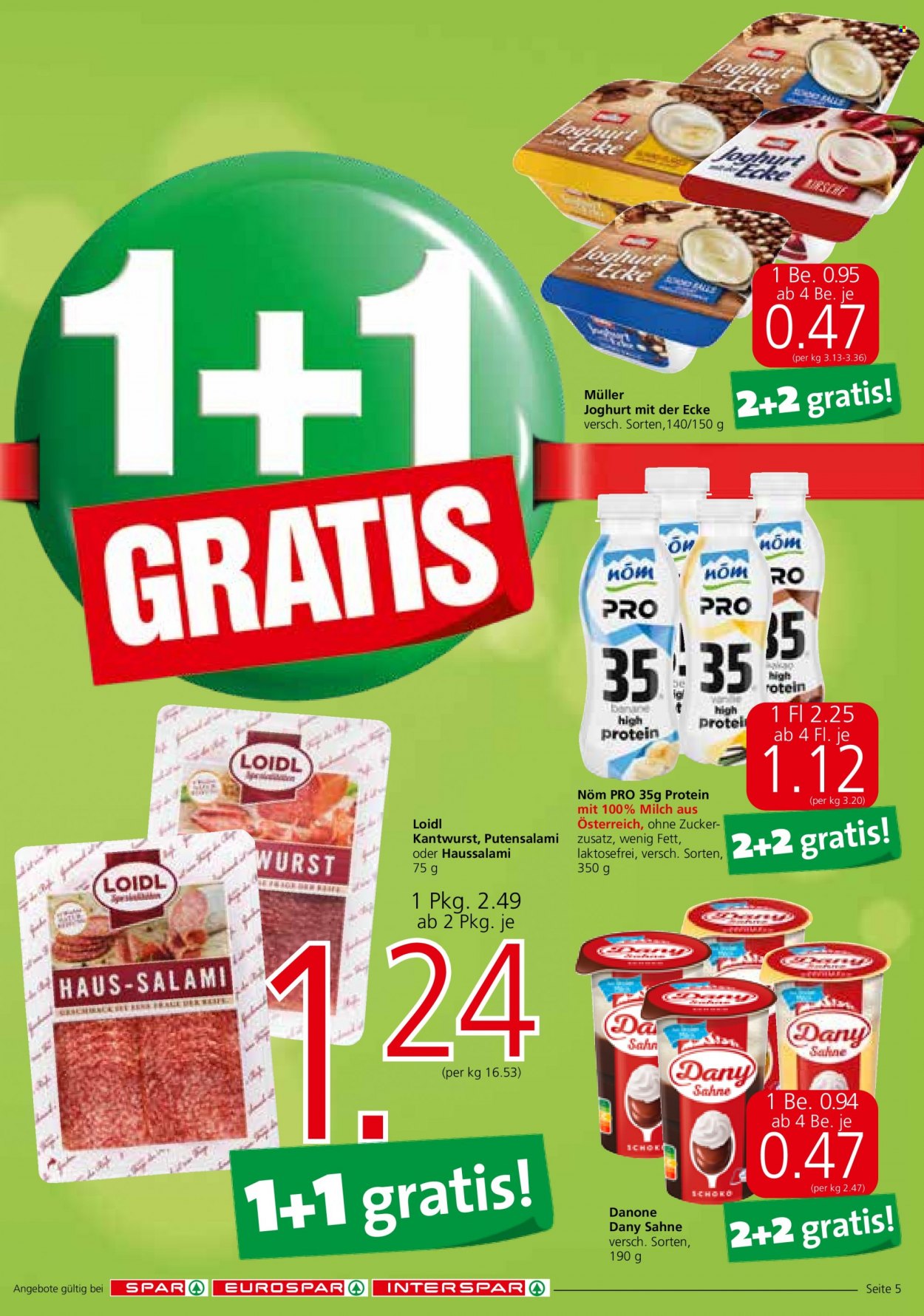 Angebote SPAR - 16.3.2023 - 29.3.2023 - Verkaufsprodukte - Wurst, Salami, Kantwurst, Putensalami, Haussalami, Danone, Joghurt, Müller, Dany, Milchdessert, Joghurt mit der Ecke, Nöm PRO, Kakao, Seife. Seite 5.