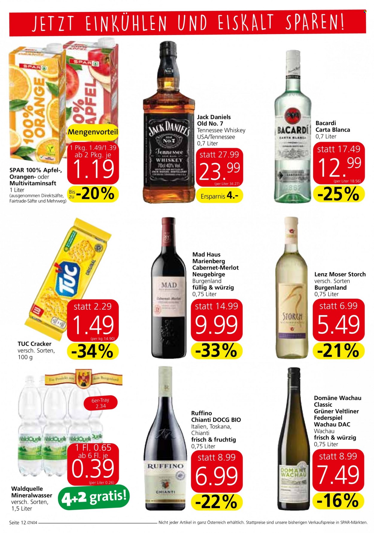 Angebote SPAR - 16.3.2023 - 29.3.2023 - Verkaufsprodukte - Äpfel, Orangen, Cracker, Tuc, Saft, Multivitaminsaft, Mineralwasser, Waldquelle. Seite 12.