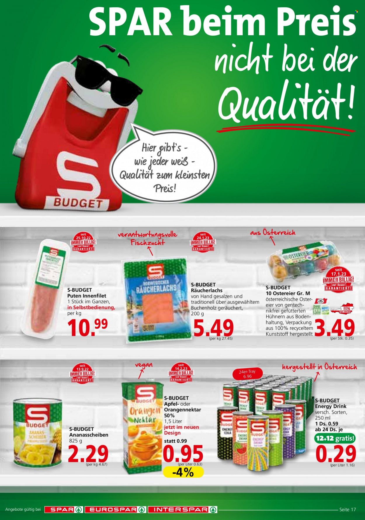 Angebote SPAR - 16.3.2023 - 29.3.2023 - Verkaufsprodukte - Äpfel, Räucherlachs, Schokoladen-Eier, Energiegetränk, Orangensaft, Nektar, Orangennektar, Cola, Putenfleisch, S-BUDGET. Seite 17.
