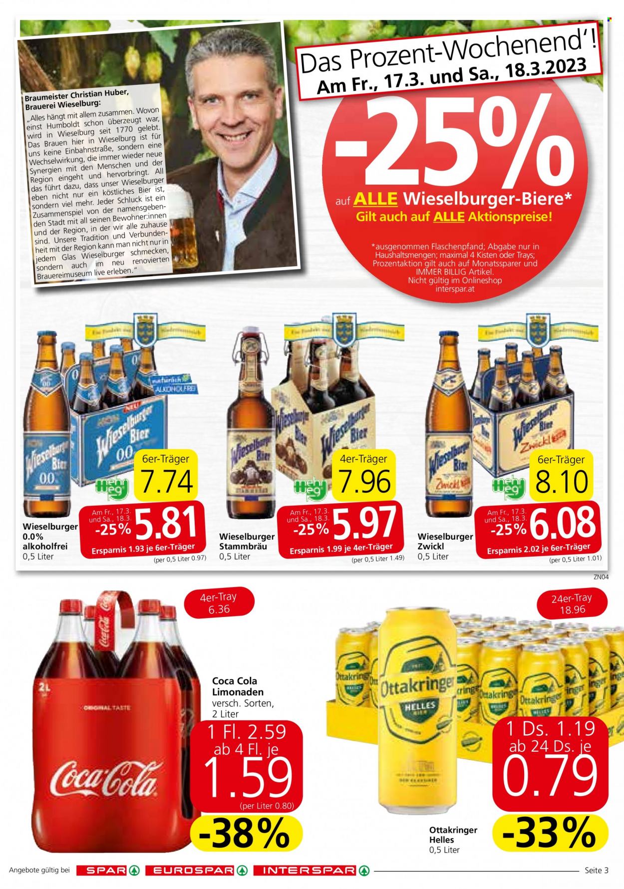 Angebote INTERSPAR - 16.3.2023 - 29.3.2023 - Verkaufsprodukte - Ottakringer, Coca-Cola, Cola, Getränk, Limonade. Seite 3.
