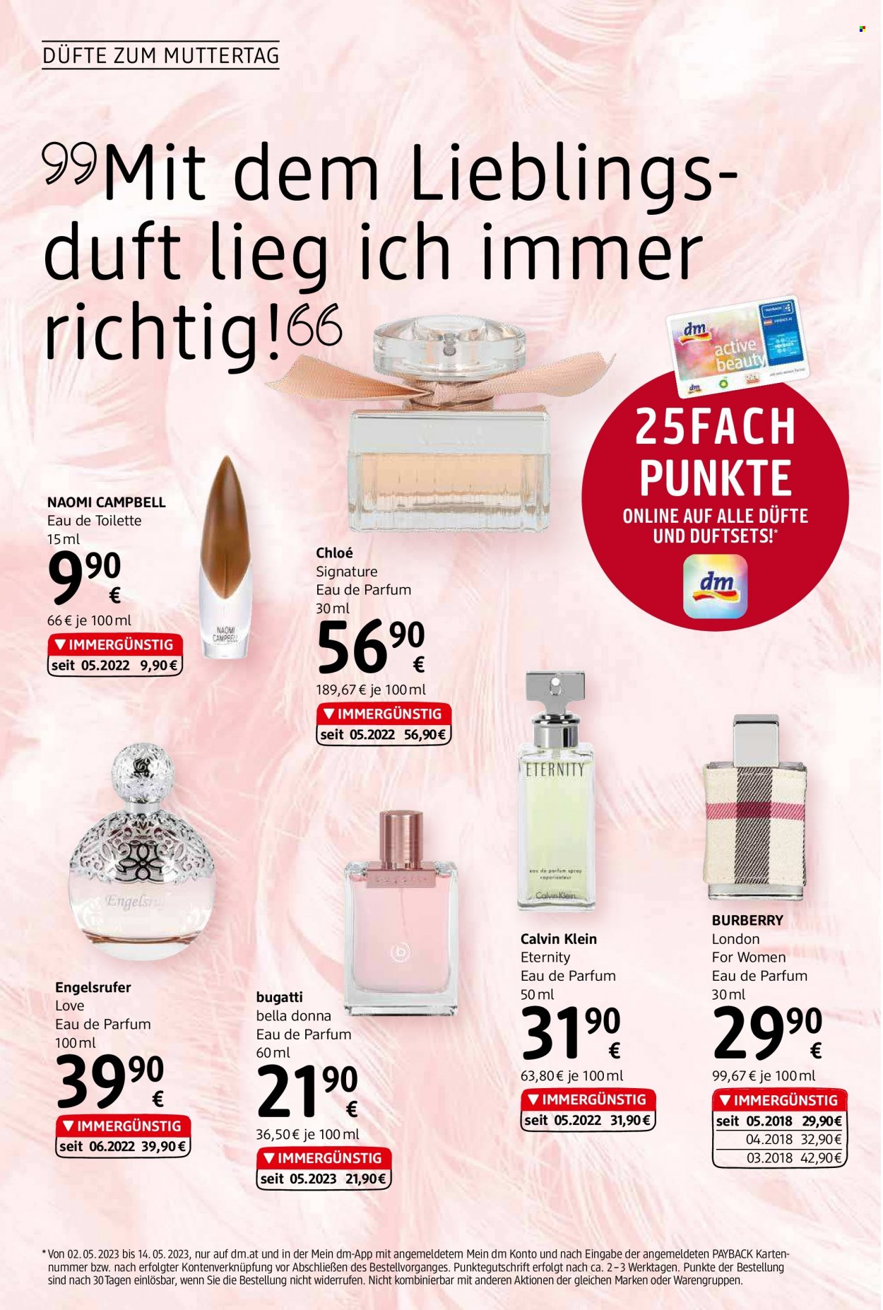 Angebote dm drogerie - 4.5.2023 - 31.5.2023 - Verkaufsprodukte - Geschenkbox, Elizabeth Arden, DKNY, Bruno Banani, Burberry, Eau de parfum, Eau de toilette, Chloé, Naomi Campbell, Hugo Boss, Jil Sander, Joop!, Calvin Klein, Jasmin. Seite 10.