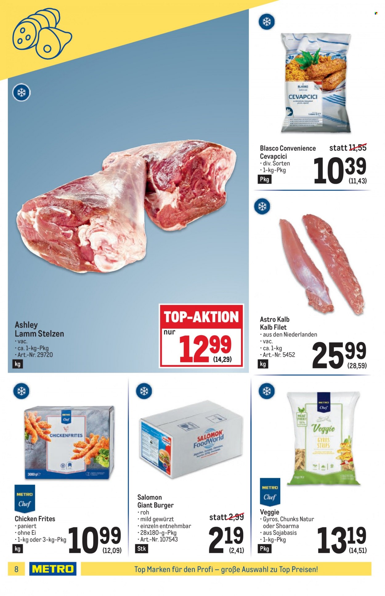 Angebote Metro - 17.5.2023 - 31.5.2023 - Verkaufsprodukte - Salomon, Kalbfleisch, Cevapcici, Burger, Gyros, Pommes Frites, Top, Lammfleisch. Seite 8.