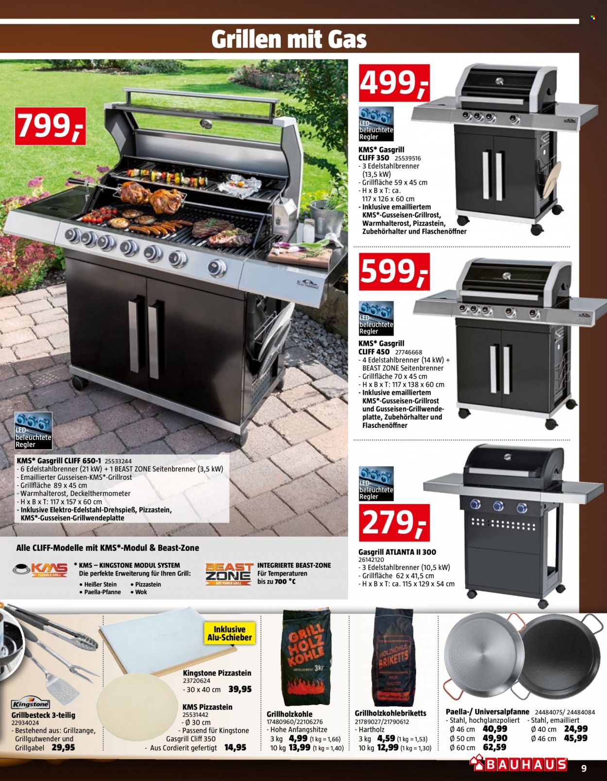 Angebote Bauhaus - 15.5.2023 - 30.5.2023 - Verkaufsprodukte - Flaschenöffner, Backzubehör, Besteck, Pfanne, Pizzastein, Grill, Grillzubehör, Gasgrill, Grillkohle. Seite 9.