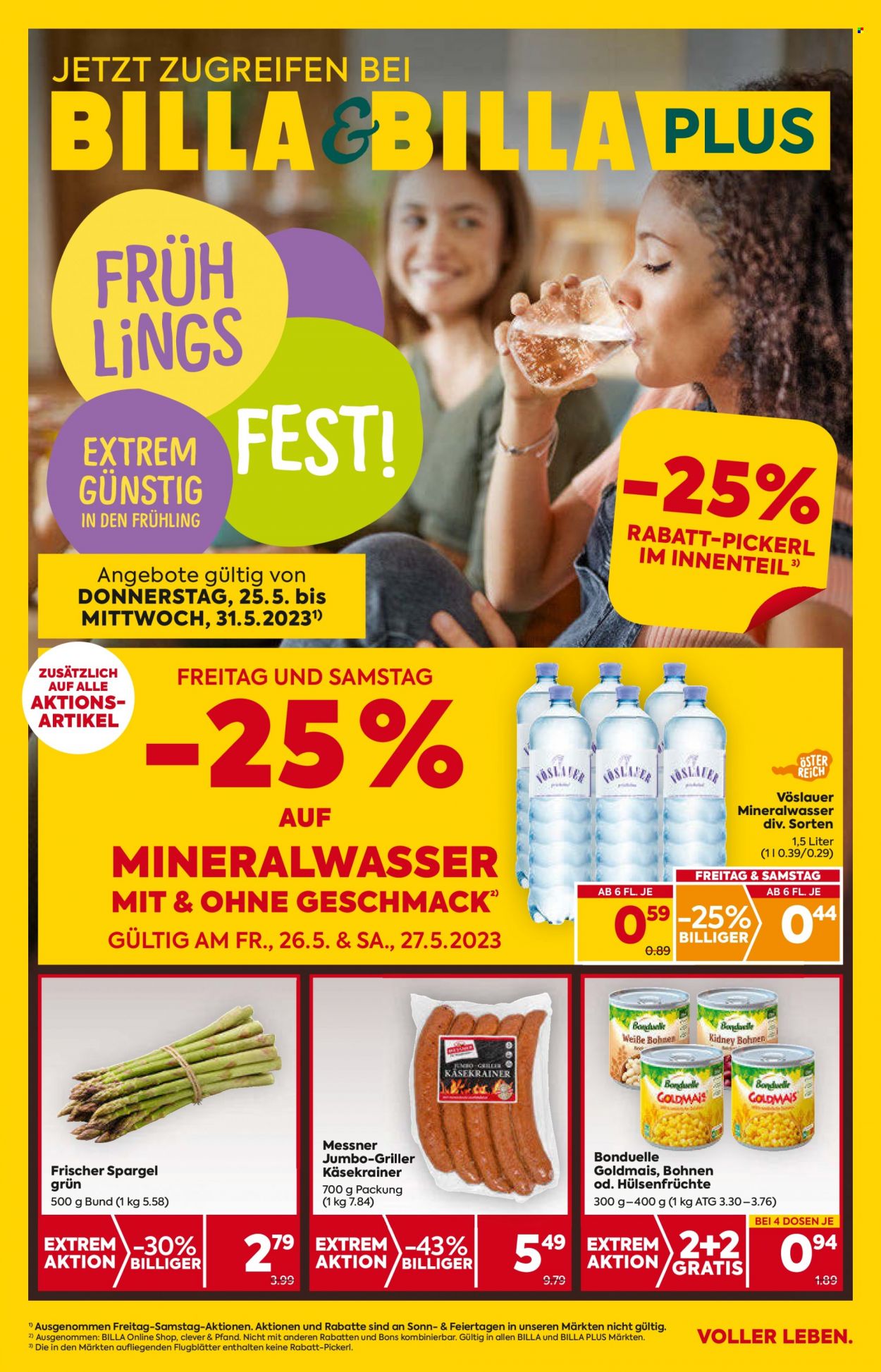 Angebote Billa - 25.5.2023 - 31.5.2023 - Verkaufsprodukte - Mineralwasser, Vöslauer, Spargel, Bonduelle, Mais, Brühwurst, Käsekrainer, Grillbratwurst, Bohnen, Hülsenfrüchte. Seite 1.