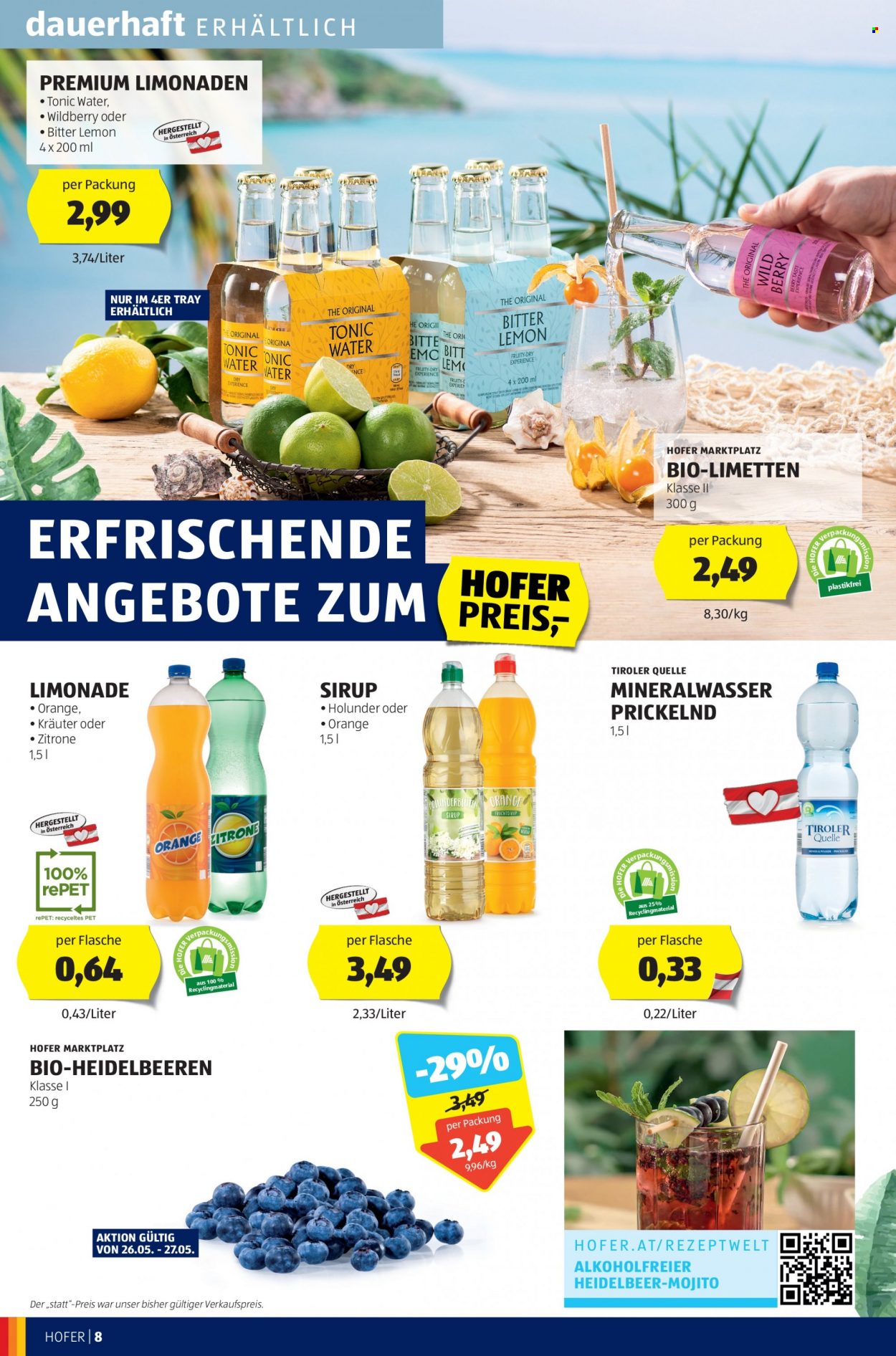 Angebote Hofer - 26.5.2023 - 1.6.2023 - Verkaufsprodukte - Zitronen, Limetten, Bio-Obst, Limonade, Tonic, Sirup, Mineralwasser. Seite 8.