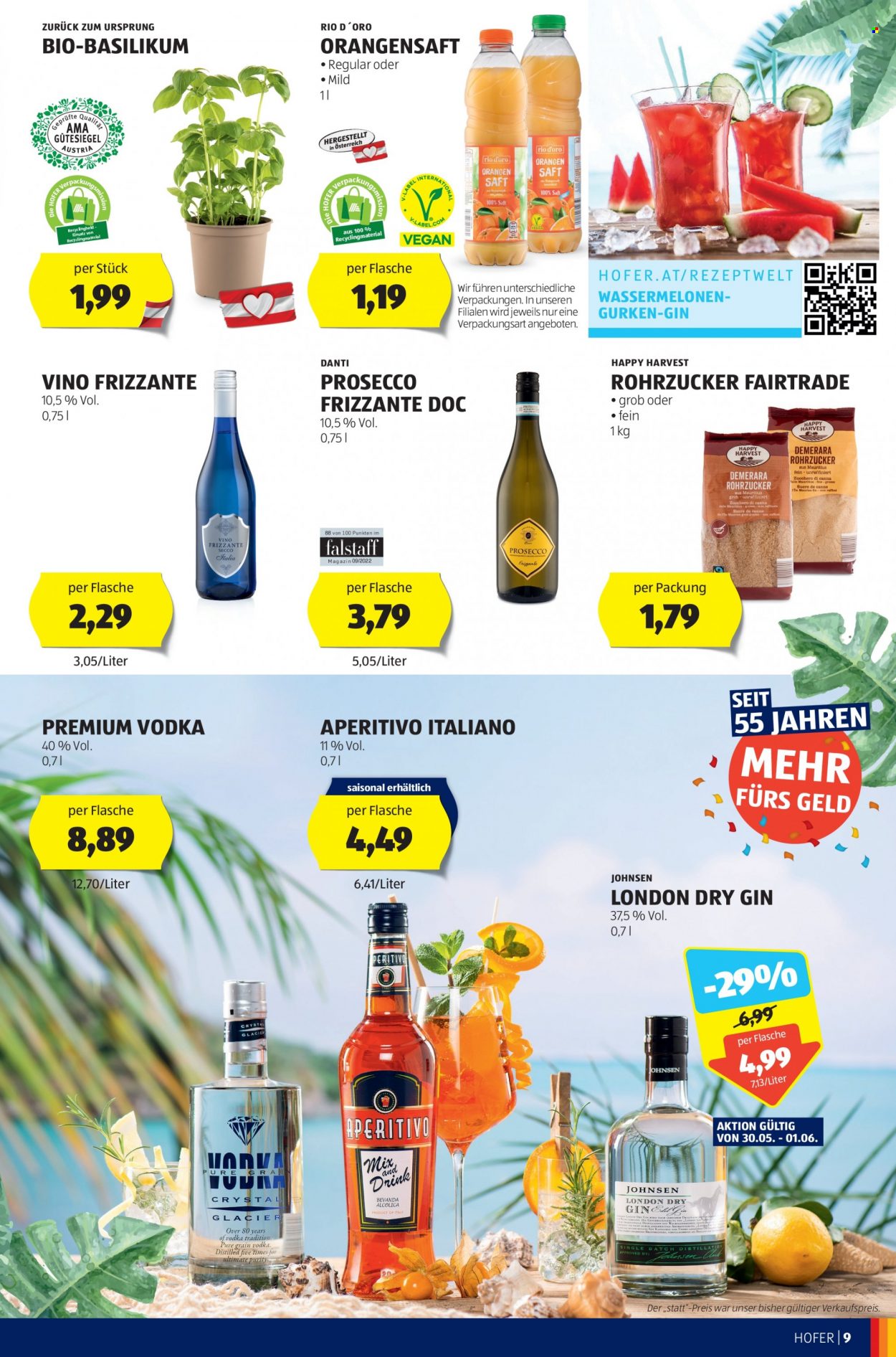 Angebote Hofer - 26.5.2023 - 1.6.2023 - Verkaufsprodukte - Rohrzucker, Kräuter, Orangensaft, Saft, Fruchtsaft, Alkohol, Vodka. Seite 9.