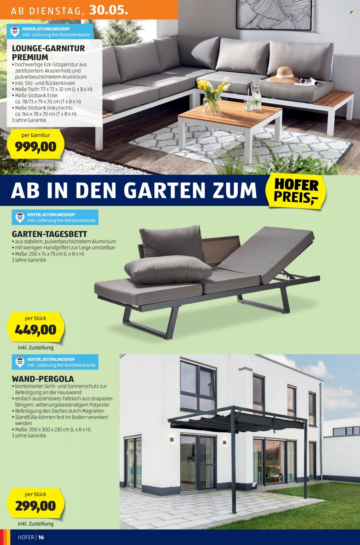 Angebote Hofer - 26.5.2023 - 1.6.2023 - Verkaufsprodukte - Sitzbank, Gartenlounge, Liege, Sonnenschutz, Pergola. Seite 18.