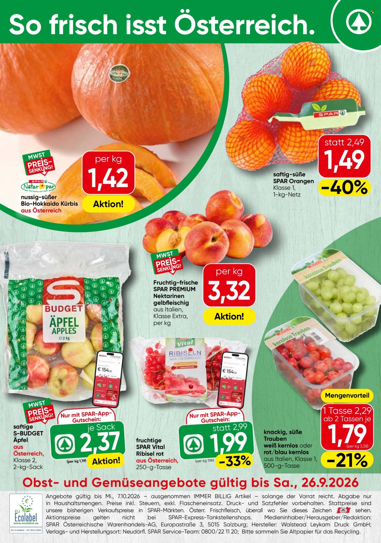 Angebote SPAR - 21.9.2026 - 26.9.2026. Seite 1