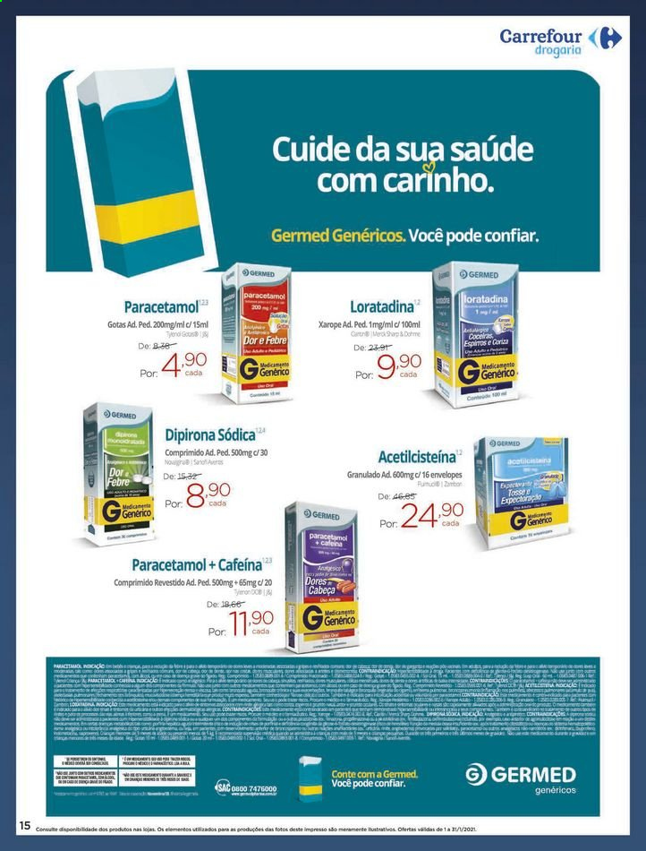 thumbnail - Folheto Carrefour Drogaria - 01/01/2021 - 31/01/2021 - Produtos em promoção - Paracetamol, Dipirona, Germed. Página 15.