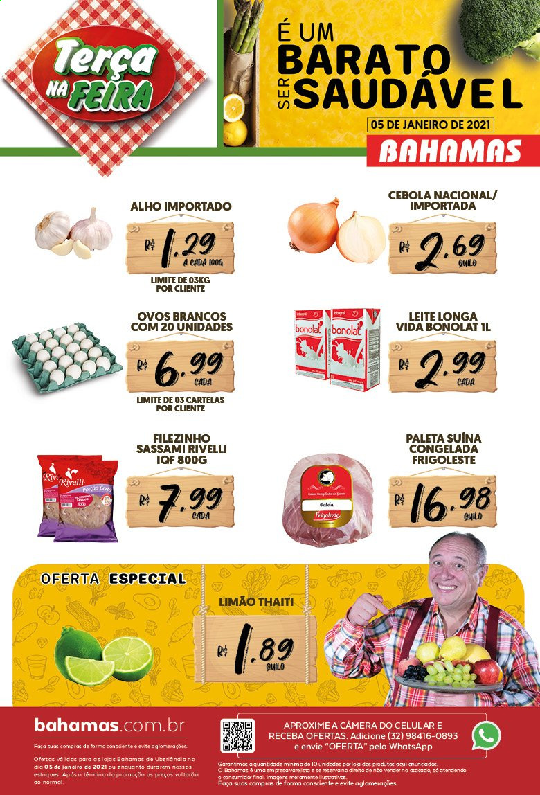 thumbnail - Folheto Bahamas Supermercados - 05/01/2021 - 05/01/2021 - Produtos em promoção - limão, alho, cebola, leite, Longa vida, ovos, ovos brancos. Página 1.