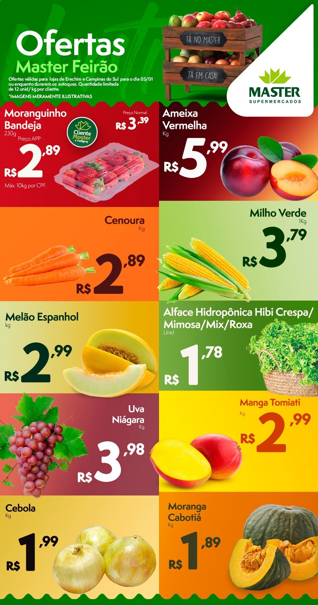 thumbnail - Folheto Master Supermercados - 05/01/2021 - 05/01/2021 - Produtos em promoção - melão, uva, ameixa, alface, milho, cebola, cenoura, cabotiá, Mimosa, bandeja. Página 1.