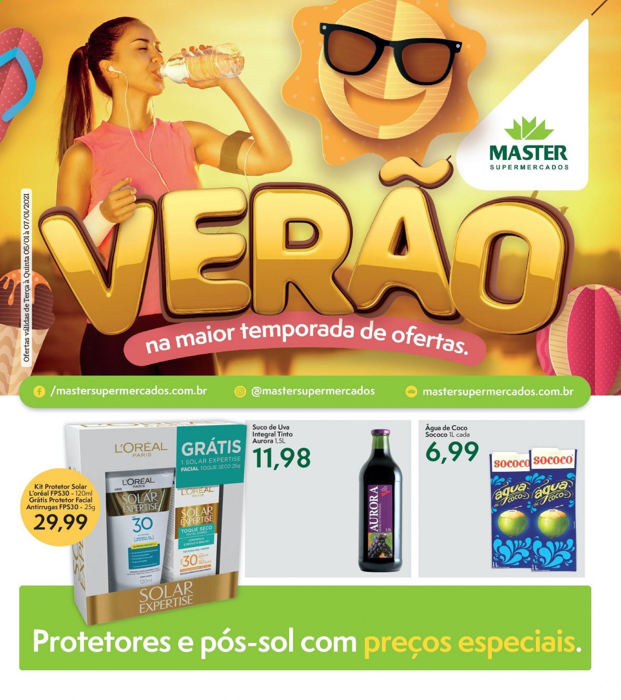 thumbnail - Folheto Master Supermercados - 05/01/2021 - 07/01/2021 - Produtos em promoção - Aurora, suco, suco de uva, L’Oréal, creme solar. Página 1.