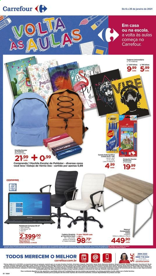 thumbnail - Folheto Carrefour Hiper - 06/01/2021 - 25/01/2021 - Produtos em promoção - mochila, notebook, estojo, esferográficas, computador, mesa, cadeira, PC portátil. Página 1.
