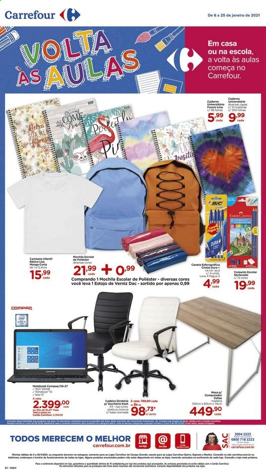 thumbnail - Folheto Carrefour Hiper - 06/01/2021 - 25/01/2021 - Produtos em promoção - mochila, notebook, estojo, esferográficas, computador, mesa, cadeira, PC portátil. Página 1.
